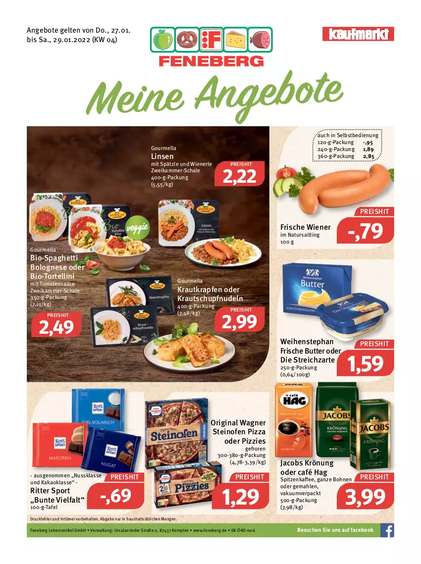 Aktueller Prospekt Feneberg - Prospekte - von 27.01 bis 29.01.2022 - strona 1 - produkty: angebot, angebote, bio, bohne, bohnen, bolognese, butter, eis, gin, jacobs, jacobs krönung, kaffee, kakao, Kraut, lebensmittel, linsen, natur, nudel, nudeln, nuss, Ofen, original wagner, pizza, reis, ritter, ritter sport, sauce, Schal, Schale, spaghetti, spaghetti bolognese, Sport, steinofen, steinofen pizza, Streichzart, Ti, tomate, tomaten, tomatensauce, torte, tortellini, veggie, wagner, weihenstephan, wiener