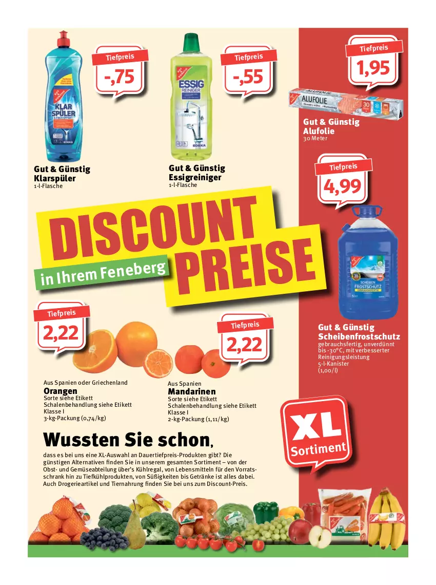 Aktueller Prospekt Feneberg - Prospekte - von 27.01 bis 29.01.2022 - strona 11 - produkty: Abtei, auer, dauertiefpreis, discount, eis, essig, flasche, getränk, getränke, klarspüler, kühlregal, lebensmittel, mandarine, mandarinen, obst, orange, orangen, Rauch, regal, reiniger, Reinigung, reis, Schal, Schale, Scheibenfrostschutz, Schrank, Ti, tiefpreis, tiernahrung, und gemüse, vorratsschrank