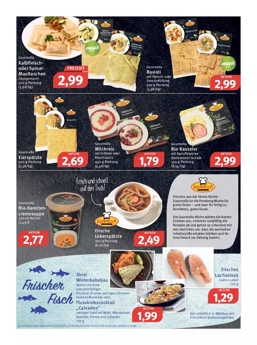 Aktueller Prospekt Feneberg - Prospekte - von 27.01 bis 29.01.2022 - strona 3 - produkty: Becher, bio, bio-karotten, cocktail, creme, cremesuppe, eier, eierspätzle, eis, fenchel, fisch, fische, Fischer, fleisch, frischfisch, garnier, gutes essen, Kalbfleisch, karotten, kartoffel, Kartoffelpüree, kasseler, kirsch, Krebs, küche, lachs, mac, mandarine, mandarinen, marinade, maultaschen, milch, milchreis, püree, ravioli, reis, rezept, rezepte, salat, sauce, Schal, Schale, Schere, spinat, steak, suppe, Tasche, taschen, Ti, tisch, veggie, wurst, zitrone, zitronen