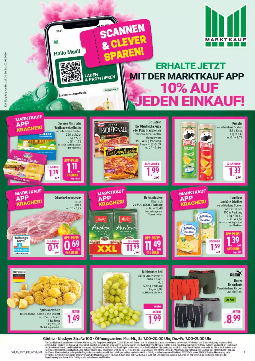 Aktueller Prospekt Marktkauf - Prospekt - von 26.04 bis 02.05.2026 - strona 1 - produkty: angebot, angebote, butter, deka, die ofenfrische, eis, kartoffel, kartoffeln, Käse, landkäse, landliebe, LG, melitta, milch, natur, ndk, Ofen, payback, pizza, pizza tradizionale, pringles, reis, retroshorts, ring, sac, schuhe, schwein, schweine, shorts, speisekartoffeln, Sport, steak, steaks, tafeltrauben, Ti, tradizionale, trauben, uhr, wein, weine, ZTE