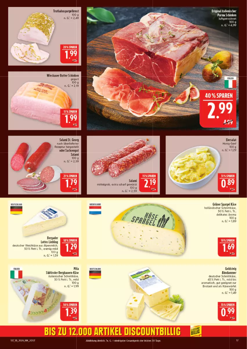 Aktueller Prospekt Marktkauf - Prospekt - von 26.04 bis 02.05.2026 - strona 17 - produkty: alpenmilch, auer, Bau, Bauer, bergader, brot, butter, deutscher schnittkäse, deutscher weichkäse, discount, eier, eiersalat, eis, gewürz, gin, goldsteig, grüner spargel, holländischer schnittkäse, honig, Honig-Senf, Käse, LG, milch, reis, rezept, sac, salami, salat, schinken, schnittkäse, senf, spargel, südtiroler, tee, Ti, tisch, weichkäse, wiesbauer, würfel, ZTE