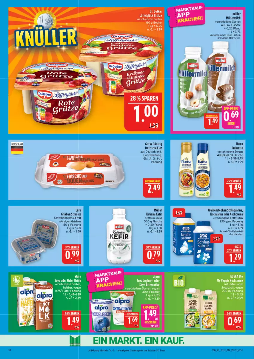 Aktueller Prospekt Marktkauf - Prospekt - von 26.04 bis 02.05.2026 - strona 18 - produkty: creme, culinesse, deka, Dr. Oetker, eier, eis, flasche, Kefir, Kochcreme, LG, malz, milch, Müller, müllermilch, rama, Rama Culinesse, reis, sahne, schlagsahne, Schmalz, schwein, schweine, tee, Ti, weihenstephan, wein, weine, ZTE