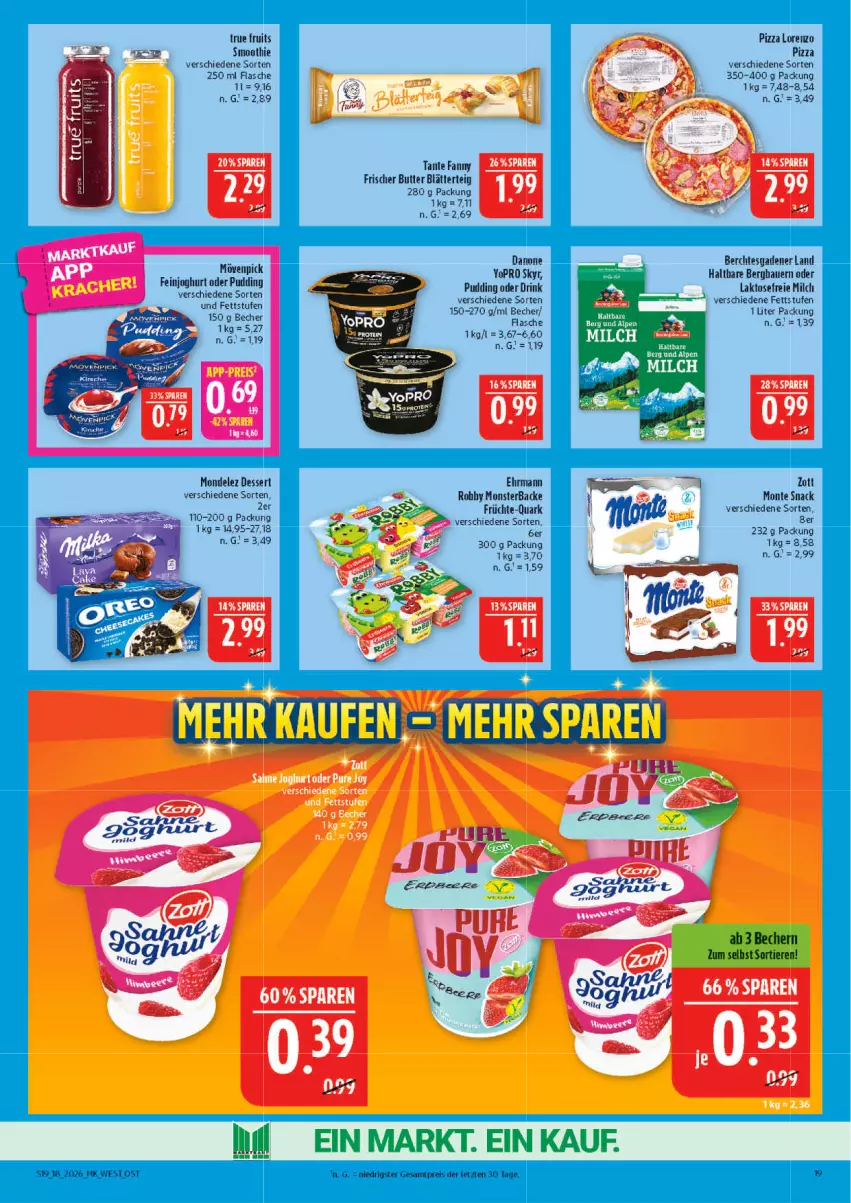 Aktueller Prospekt Marktkauf - Prospekt - von 26.04 bis 02.05.2026 - strona 19 - produkty: auer, Bau, Bauer, Becher, blätterteig, butter, danone, dessert, drink, ehrmann, eis, feinjoghurt, flasche, früchte, joghur, joghurt, lorenz, milch, mondelez, monster, monte, mövenpick, pizza, pudding, quark, reis, Skyr, smoothie, snack, Ti, Tiere, true fruits, Yo, zott, ZTE