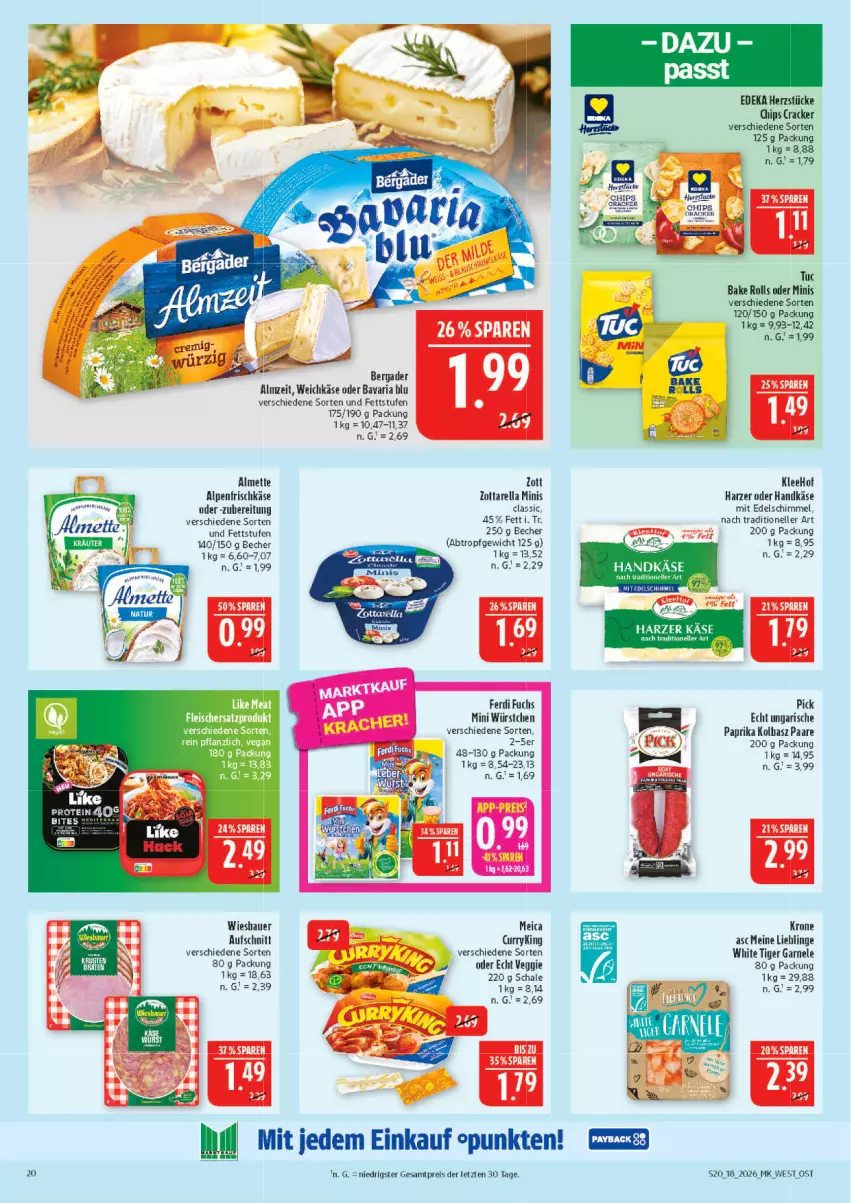 Aktueller Prospekt Marktkauf - Prospekt - von 26.04 bis 02.05.2026 - strona 20 - produkty: almette, alpenfrischkäse, auer, aufschnitt, Bau, Bauer, bavaria blu, Becher, bergader, chips, cracker, curry, deka, eis, elle, ferdi fuchs, frischkäse, Käse, krone, meica, Mett, ndk, paprika, reis, rel, Ria, Schal, Schale, Ti, tuc, veggie, weichkäse, wiesbauer, würstchen, zott, zottarella, zottarella minis, ZTE