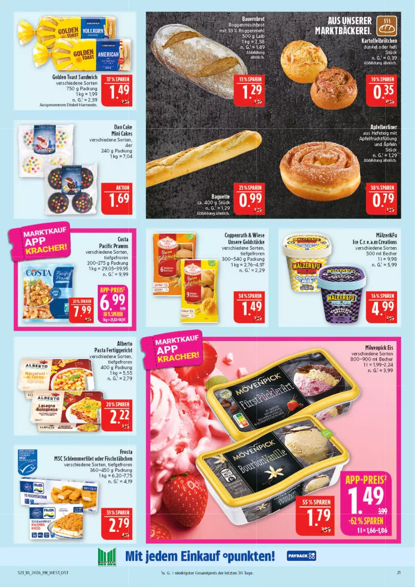 Aktueller Prospekt Marktkauf - Prospekt - von 26.04 bis 02.05.2026 - strona 21 - produkty: apfel, auer, Bau, Bauer, Becher, bolognese, brot, Cif, coppenrath, eis, fertiggericht, filet, fisch, fischstäbchen, frosta, frucht, golden toast, Goldstücke, lasagne, mövenpick, mövenpick eis, pasta, prawns, reis, sandwich, schlemmerfilet, tee, Ti, toast, ZTE
