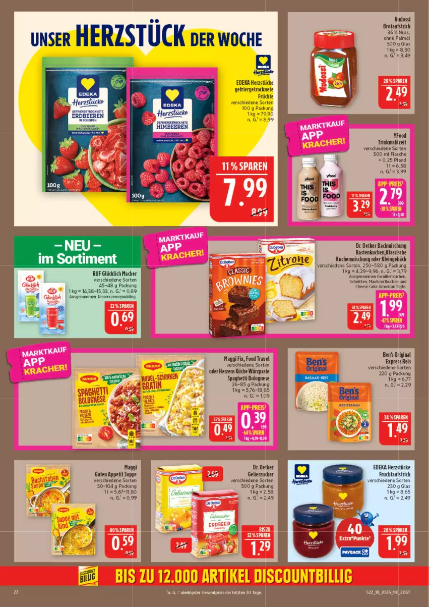 Aktueller Prospekt Marktkauf - Prospekt - von 26.04 bis 02.05.2026 - strona 22 - produkty: aufstrich, backmischung, beere, beeren, bolognese, brot, brotaufstrich, deka, Dr. Oetker, erdbeere, erdbeeren, flasche, frucht, fruchtaufstrich, früchte, gelierzucker, gin, Kastenkuchen, küche, kuchen, LG, maggi, maggi fix, Nudossi, nuss, ohne palmöl, pudding, schnitten, spaghetti, spaghetti bolognese, suppe, tasse, Ti, zucker
