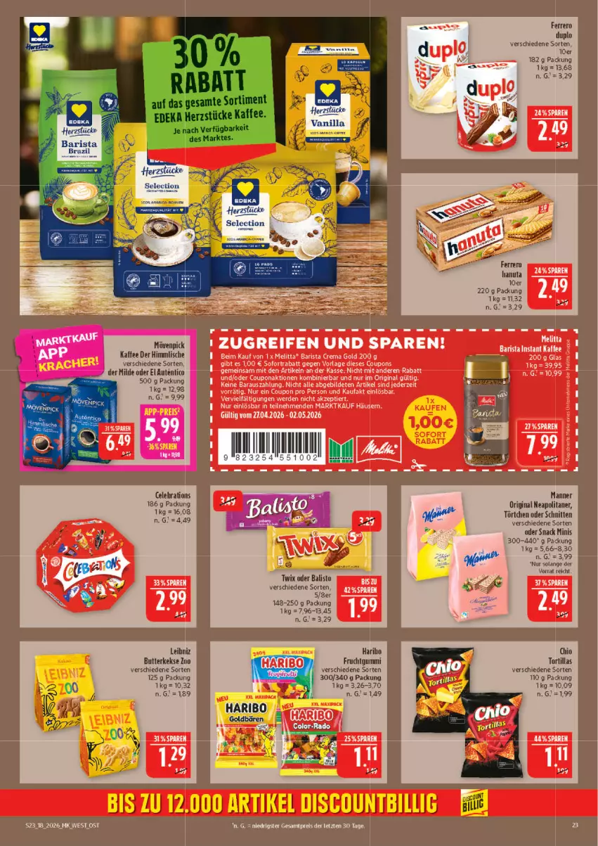 Aktueller Prospekt Marktkauf - Prospekt - von 26.04 bis 02.05.2026 - strona 23 - produkty: balisto, butter, butterkeks, coupon, coupons, duplo, eis, erde, ferrero, gin, haribo, kaffee, keks, kekse, leibniz, melitta, mövenpick, mövenpick kaffee, reifen, reis, schnitten, snack, sofortrabatt, tee, Ti, Törtchen, tortilla, tortillas, twix, ZTE