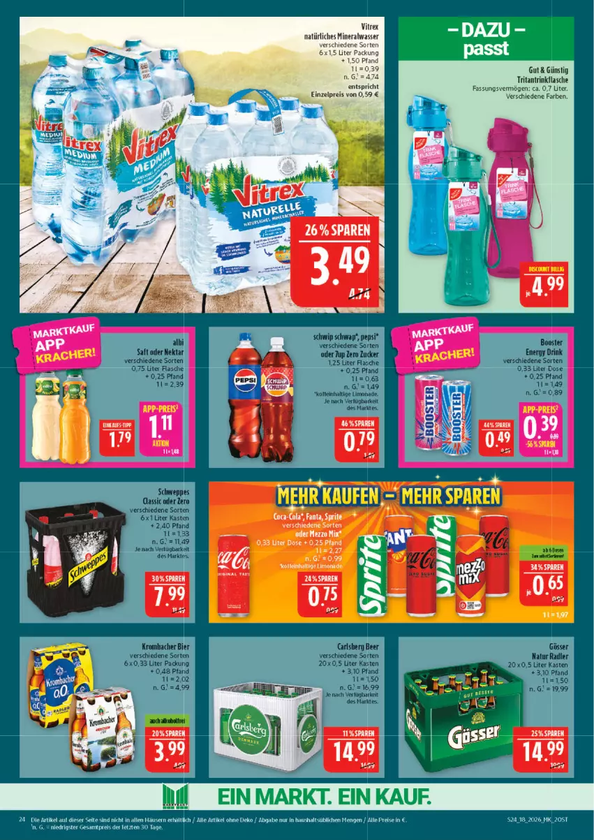 Aktueller Prospekt Marktkauf - Prospekt - von 26.04 bis 02.05.2026 - strona 24 - produkty: Alwa, drink, eis, energy drink, flasche, limo, limonade, mineralwasser, natur, natur radler, natürliches mineralwasser, Nektar, radler, reis, saft, schweppes, Ti, trinkflasche, vitrex, wasser, ZTE, zucker