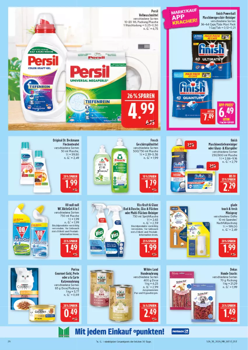 Aktueller Prospekt Marktkauf - Prospekt - von 26.04 bis 02.05.2026 - strona 26 - produkty: Bad, bio, biozidprodukte, Cap, Dr. Beckmann, dusche, eis, ente, Finish, flasche, Frosch, geschirr, geschirrspülmittel, gin, Glade, gourmet gold, hundenahrung, katzennahrung, klarspüler, kraft, persil, purina, Rauch, reiniger, reis, rwe, snack, snacks, sprühflasche, spülmittel, Ti, vollwaschmittel, waschmittel, Wild, ZTE