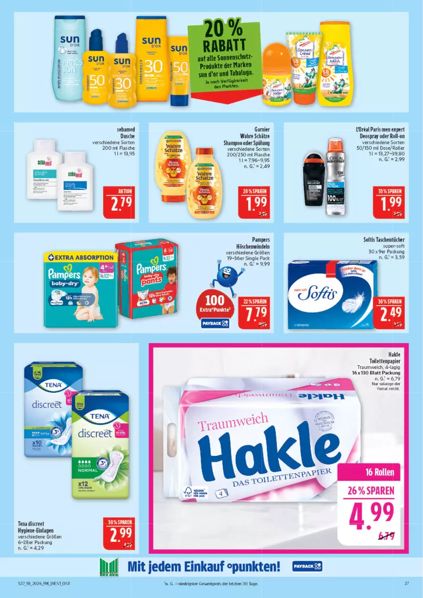 Aktueller Prospekt Marktkauf - Prospekt - von 26.04 bis 02.05.2026 - strona 27 - produkty: deo, deospray, Discreet, dusche, eis, flasche, garnier, hakle, hakle toilettenpapier, Lotion, pampers, papier, reis, roll-on, Roller, shampoo, shampoo oder spülung, spülung, Tasche, taschen, taschentücher, Ti, toilettenpapier, tücher, Wahre Schätze, windeln, ZTE
