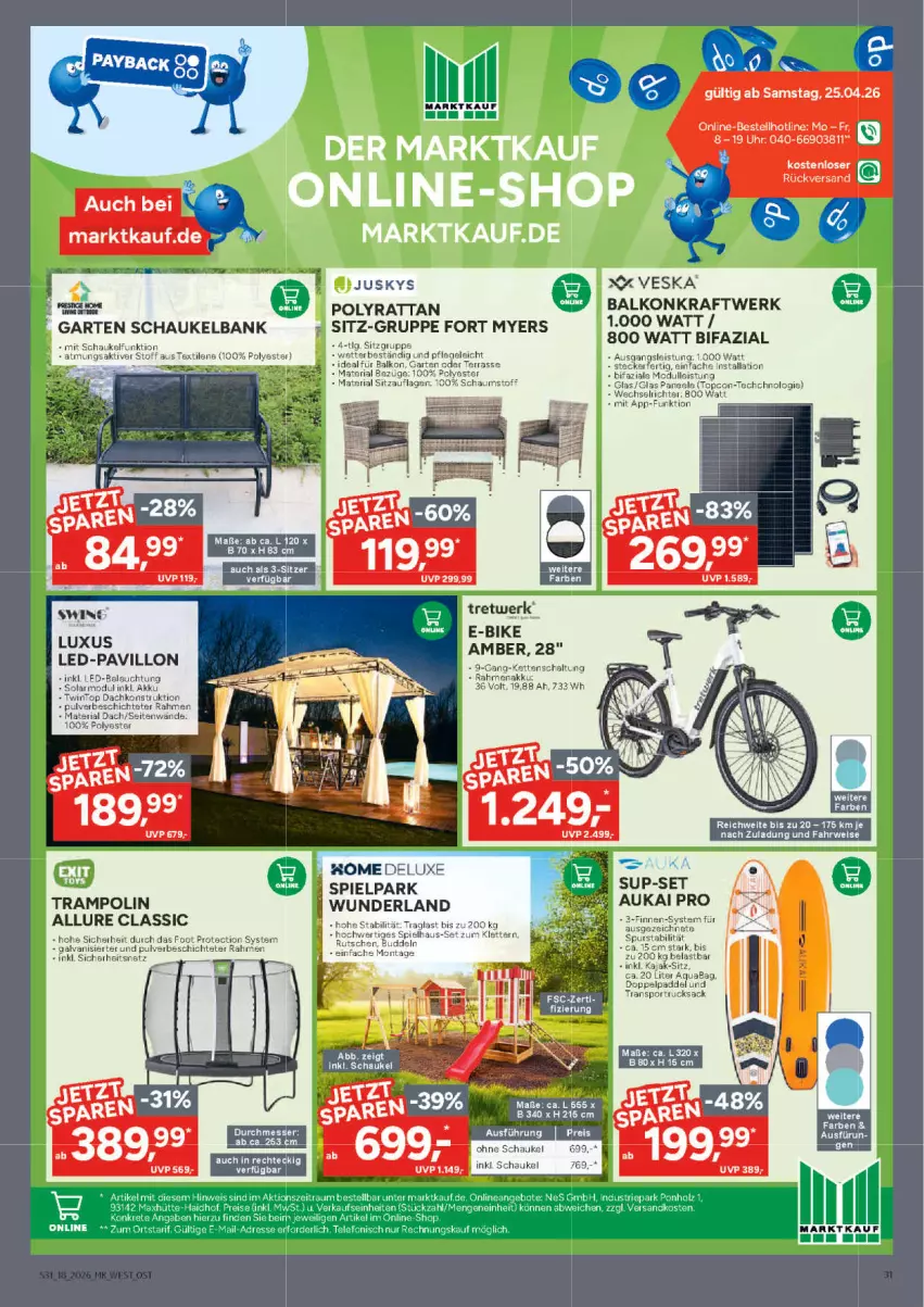 Aktueller Prospekt Marktkauf - Prospekt - von 26.04 bis 02.05.2026 - strona 31 - produkty: akku, angebot, angebote, aqua, Bank, E-Bike, eis, Garten, Holz, Kajak, kraft, messer, pavillon, reis, Ria, rucksack, rwe, sac, Schaukel, Sitzauflage, Sport, telefon, Ti, Trampolin
