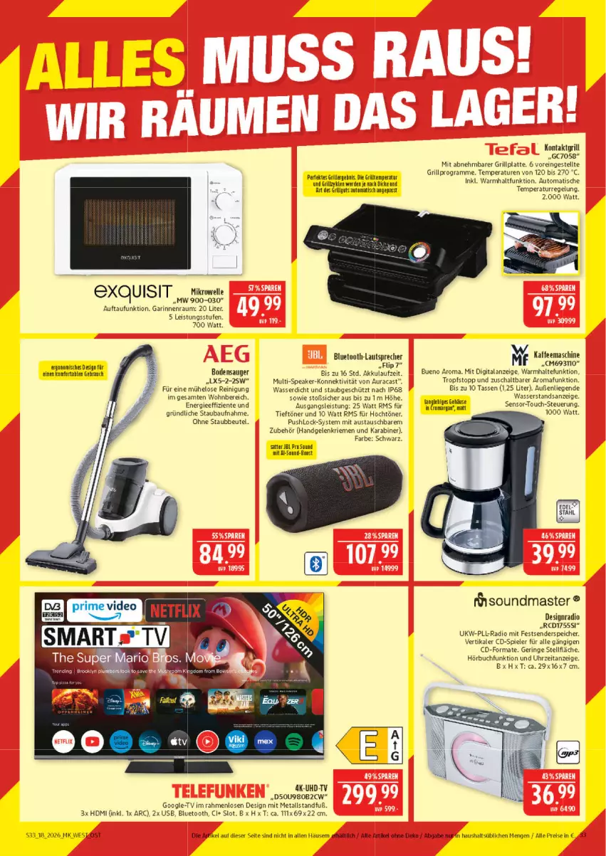 Aktueller Prospekt Marktkauf - Prospekt - von 26.04 bis 02.05.2026 - strona 33 - produkty: akku, aust, auto, Bau, beutel, bluetooth-lautsprecher, bodensauger, buch, eis, elle, enders, ente, erde, grill, grillplatte, HDMI, jbl, kaffee, kaffeemaschine, kontaktgrill, latte, lautsprecher, LG, Liege, mikrowelle, Radio, Rauch, Reinigung, reis, ring, Schal, Spiele, staubbeutel, tasse, Ti, tisch, uhd, uhr, usb, wasser