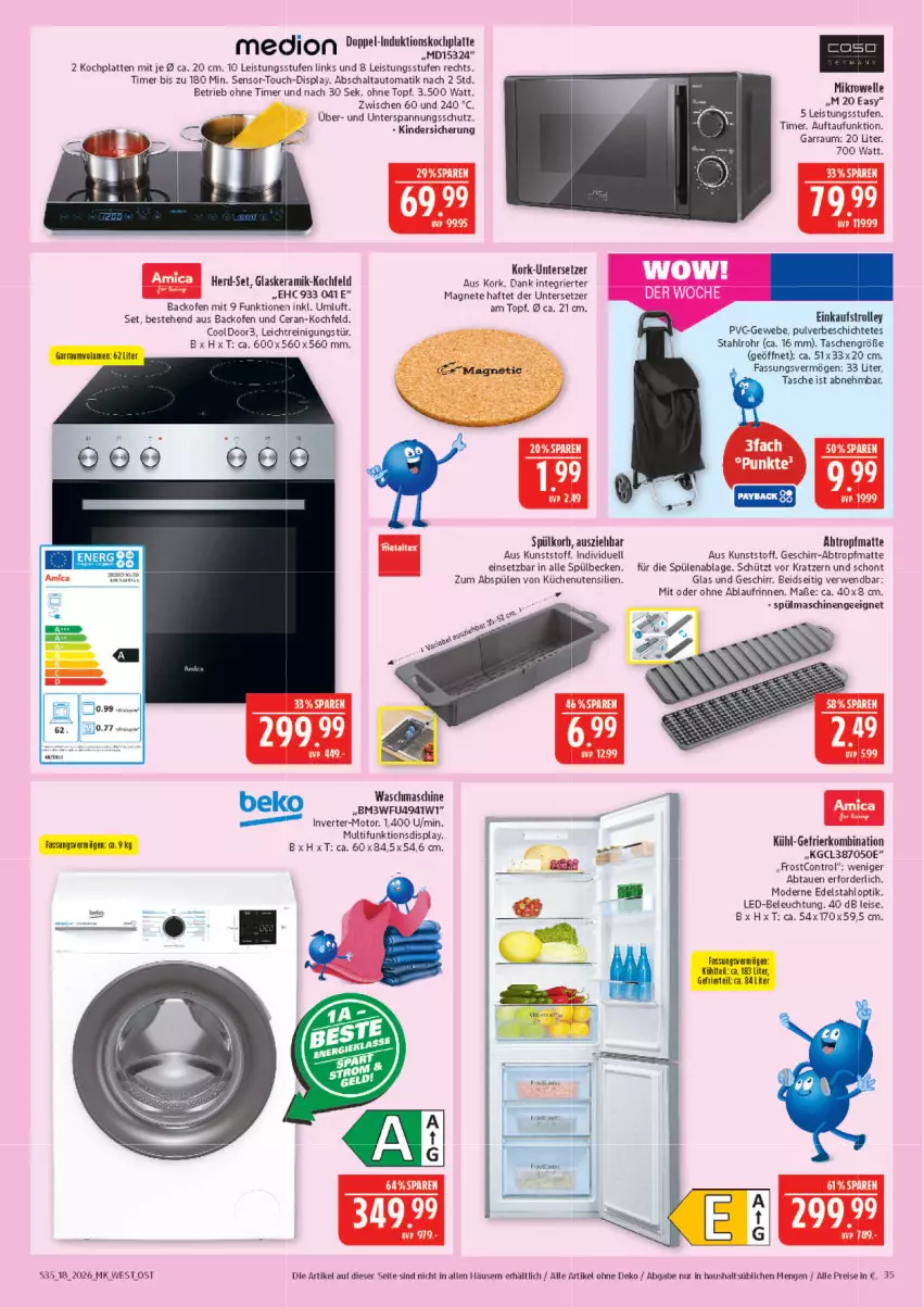 Aktueller Prospekt Marktkauf - Prospekt - von 26.04 bis 02.05.2026 - strona 35 - produkty: amica, auto, backofen, backofen und, beko, beleuchtung, edelstahl, eis, elle, garraum, gefrierkombination, geschirr, glaskeramik, glaskeramik-kochfeld, HP, keramik-kochfeld, Kinder, kochfeld, Kochplatten, küche, Küchen, kühl-gefrierkombination, latte, led-beleuchtung, mikrowelle, Mode, ndk, Ofen, Reinigung, reis, rwe, Schal, Spülen, spülmaschinen, Tasche, taschen, Ti, timer, topf, trolley, Untersetzer, waschmaschine