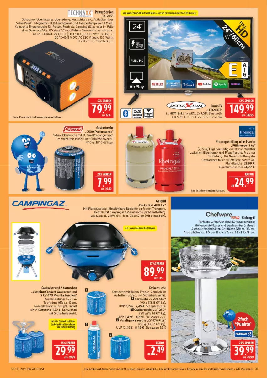Aktueller Prospekt Marktkauf - Prospekt - von 26.04 bis 02.05.2026 - strona 37 - produkty: Behälter, campingaz, eis, elle, flasche, gasflaschen, grill, grillfläche, grillrost, HDMI, Kocher, Lampe, LG, Maus, Rauch, reis, rum, Säulengrill, Sport, Tasche, taschen, taschenlampe, Ti, topf, uhr, usb