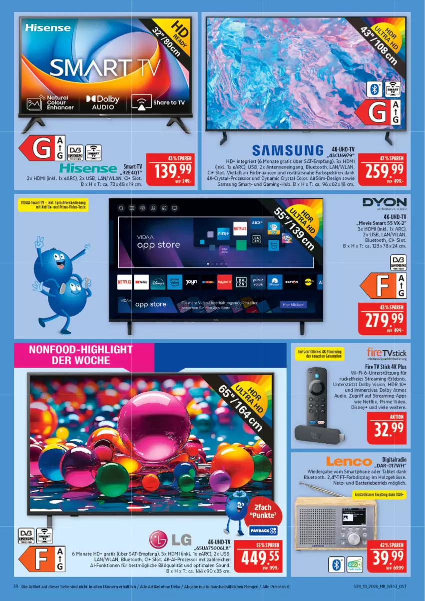 Aktueller Prospekt Marktkauf - Prospekt - von 26.04 bis 02.05.2026 - strona 38 - produkty: batterie, deo, disney, eis, HDMI, Holz, lenco, netflix, Nuance, Radio, reis, Samsung, smartphone, tablet, tft-farbdisplay, Ti, uhd, UHD-TV, usb