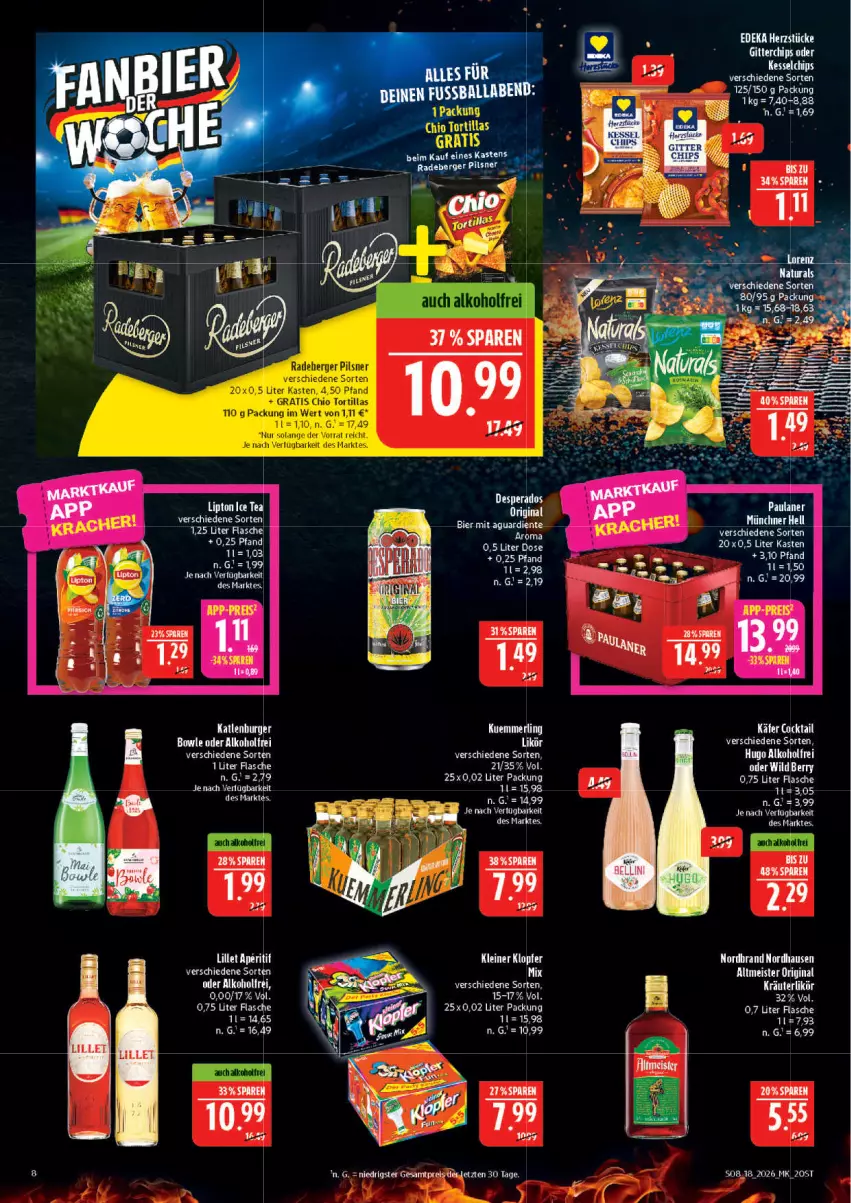 Aktueller Prospekt Marktkauf - Prospekt - von 26.04 bis 02.05.2026 - strona 8 - produkty: alkohol, Berger, bier, burger, chips, cocktail, eier, eis, ente, flasche, gin, ice tea, käfer, katlenburger, lipton, lipton ice tea, Meister, nordbrand, Paula, paulaner, pils, pilsner, radeberger, radeberger pilsner, reis, Ti, tortilla, tortillas, Wild, ZTE