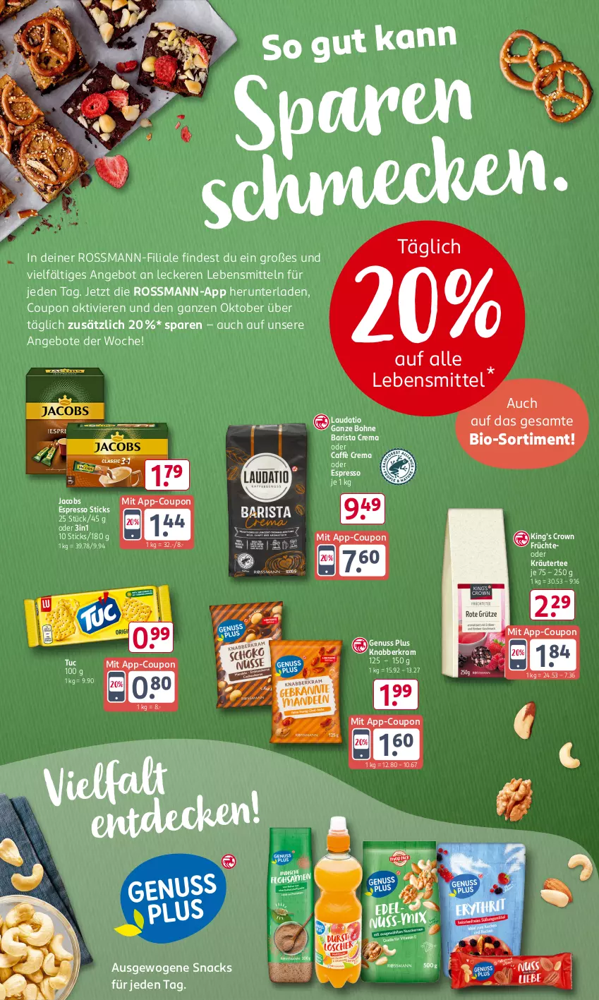 Aktueller Prospekt Rossmann - Prospekte - von 07.10 bis 11.10.2024 - strona 10 - produkty: angebot, angebote, bio, bohne, caffè crema, coupon, espresso, früchte, jacobs, kräuter, lebensmittel, nuss, oder espresso, oder kräuter, snack, snacks, tee, Ti, tuc