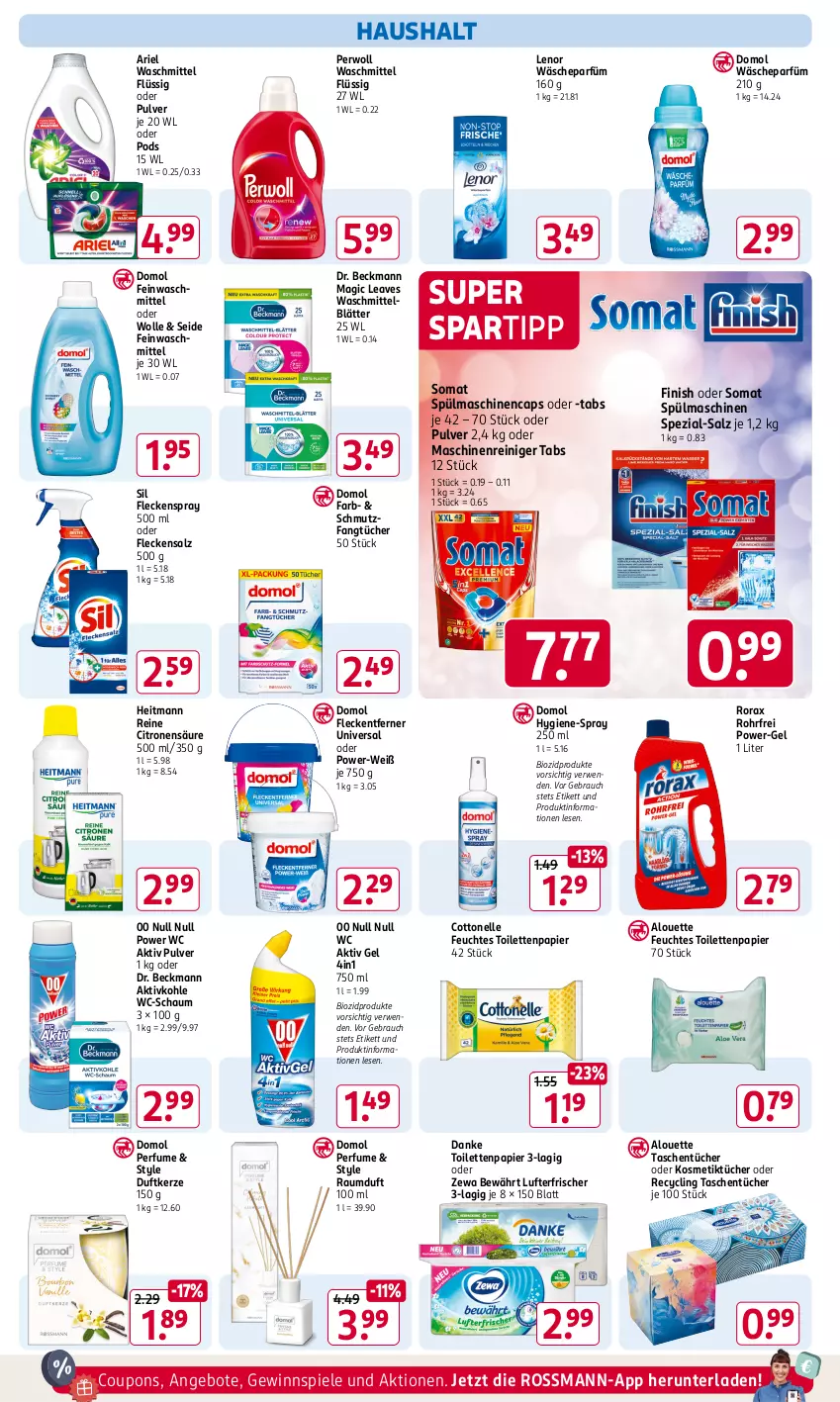 Aktueller Prospekt Rossmann - Prospekte - von 07.10 bis 11.10.2024 - strona 12 - produkty: aktiv gel, alouette, angebot, angebote, ariel, ariel waschmittel, bio, biozidprodukte, Cap, Clin, cottonelle, coupon, coupons, Domol, Dr. Beckmann, Duftkerze, elle, Fangtücher, feinwaschmittel, feuchtes toilettenpapier, Finish, fleckentferner, gewinnspiel, heitmann, kerze, kosmetik, Kosmetiktücher, lenor, lufterfrischer, maschinenreiniger, papier, perwoll, Pods, power-gel, Rauch, Raumduft, reiniger, rorax, rwe, salz, somat, spartipp, Spezi, Spiele, spülmaschinen, Tasche, taschen, taschentücher, Ti, toilettenpapier, tücher, wäscheparfüm, waschmittel, wolle, zewa