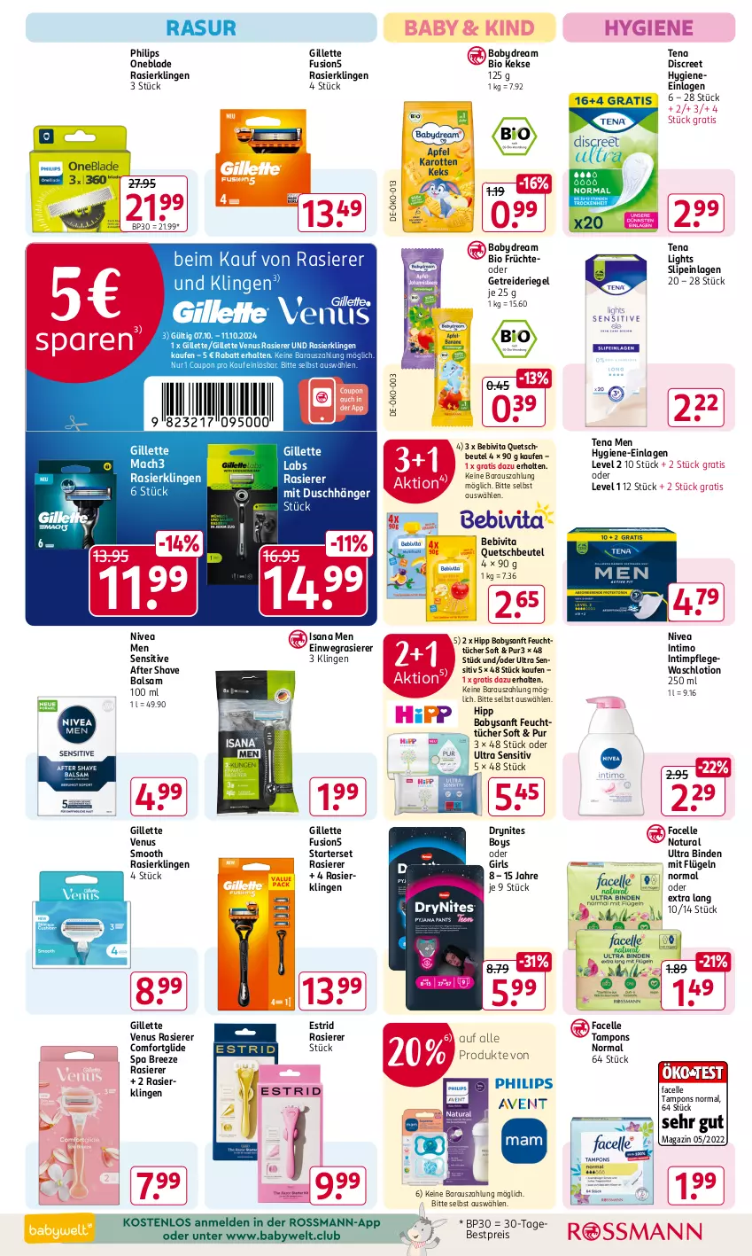 Aktueller Prospekt Rossmann - Prospekte - von 07.10 bis 11.10.2024 - strona 15 - produkty: after shave, babydream, balsam, bebivita, bestpreis, beutel, binden, bio, bree, coupon, Discreet, DryNites, einwegrasierer, eis, elle, Facelle, feuchttücher, früchte, fusion5, Getreideriegel, gillette, gillette venus, hipp, isana, keks, kekse, Lotion, mac, mach3, magazin, natur, natura, nivea, Nivea Men, Philips, quetschbeutel, rasierer, Rasierklinge, rasierklingen, reis, riegel, sana, slip, slipeinlagen, Tampon, tampons, Tena Men, Ti, tücher, venus, vita, Waschlotion