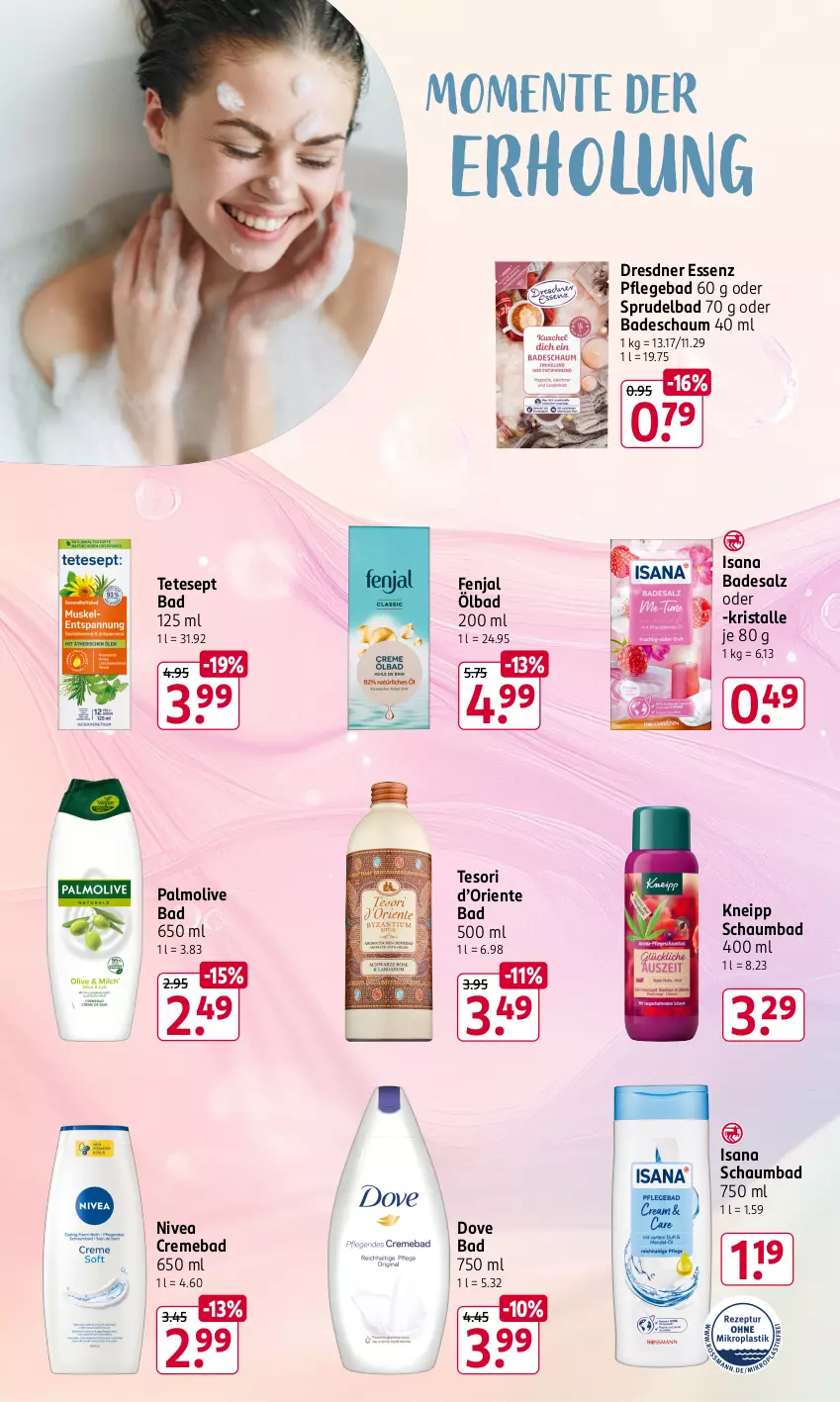 Aktueller Prospekt Rossmann - Prospekte - von 07.10 bis 11.10.2024 - strona 19 - produkty: Bad, creme, dove, ente, isana, kneipp, nivea, olive, palmolive, salz, sana, schaumbad, Sprudel, Sprudelbad