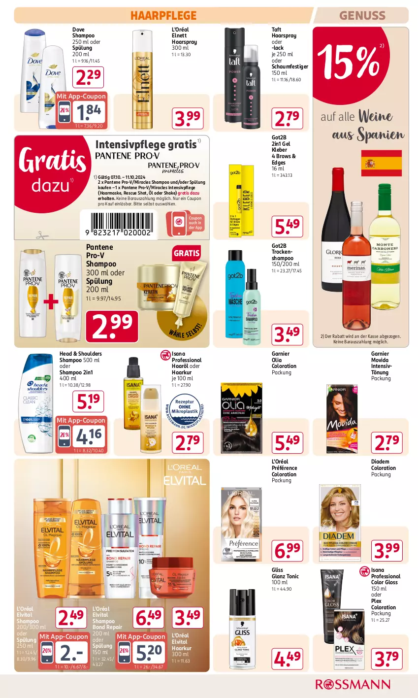 Aktueller Prospekt Rossmann - Prospekte - von 07.10 bis 11.10.2024 - strona 7 - produkty: coupon, diadem, dove, elnett, elvital, garnier, gliss, got2b, haarpflege, haarspray, Intensivtönung, isana, kleber, lack, Maske, nuss, oder schaumfestiger, pantene, pantene pro-v, pro-v, sana, schaumfestiger, shake, shampoo, shampoo 250 ml, spülung, spülung 200 ml, Taft, Ti, tonic, Trockenshampoo, vita, wein, weine