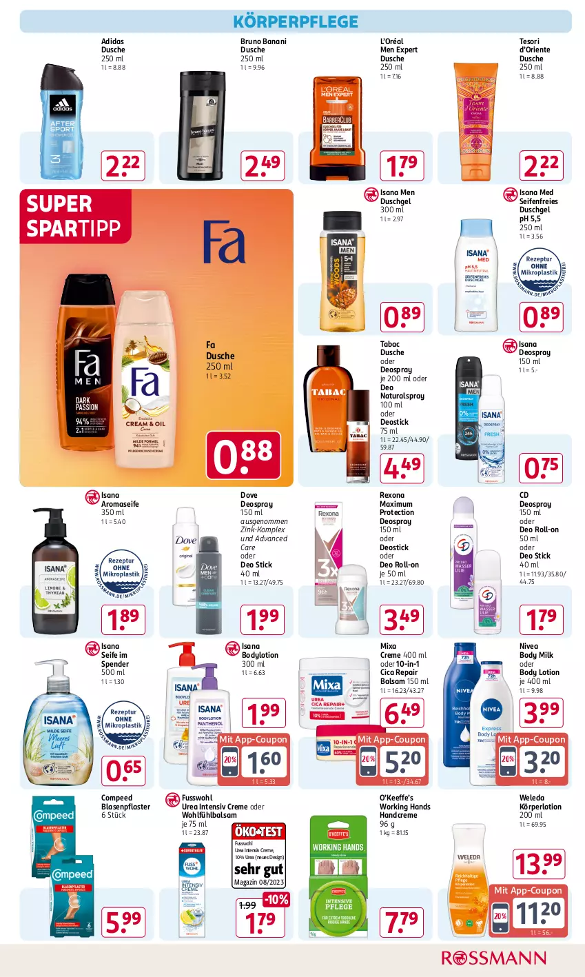 Aktueller Prospekt Rossmann - Prospekte - von 07.10 bis 11.10.2024 - strona 9 - produkty: Adidas, balsam, Blasenpflaster, body, body lotion, body milk, bodylotion, bruno banani, Compeed, coupon, creme, deo, deo roll-on, deospray, deospray 150 ml, Deostick, dove, dusche, duschgel, ente, Fusswohl, handcreme, isana, Körperlotion, körperpflege, Lotion, magazin, Mixa, natur, natura, nivea, oder deo roll-on, oder deospray, pflaster, rexona, roll-on, sana, Seife, spartipp, Ti, weleda