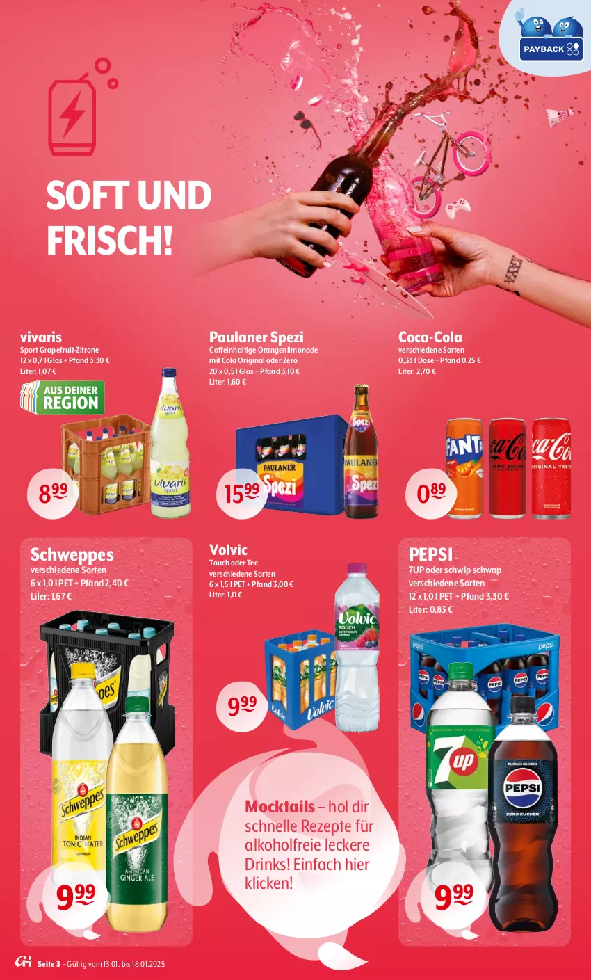 Aktueller Prospekt Getraenke Hoffmann - Prospekte - von 13.01 bis 18.01.2025 - strona 3 - produkty: 7UP, alkohol, coca-cola, coffein, cola, drink, drinks, elle, gin, grapefruit, limo, limonade, orange, orangen, Paula, paulaner, pepsi, rezept, rezepte, schweppes, Schwip Schwap, Spezi, Sport, tee, Ti, Vivaris, volvic, zitrone