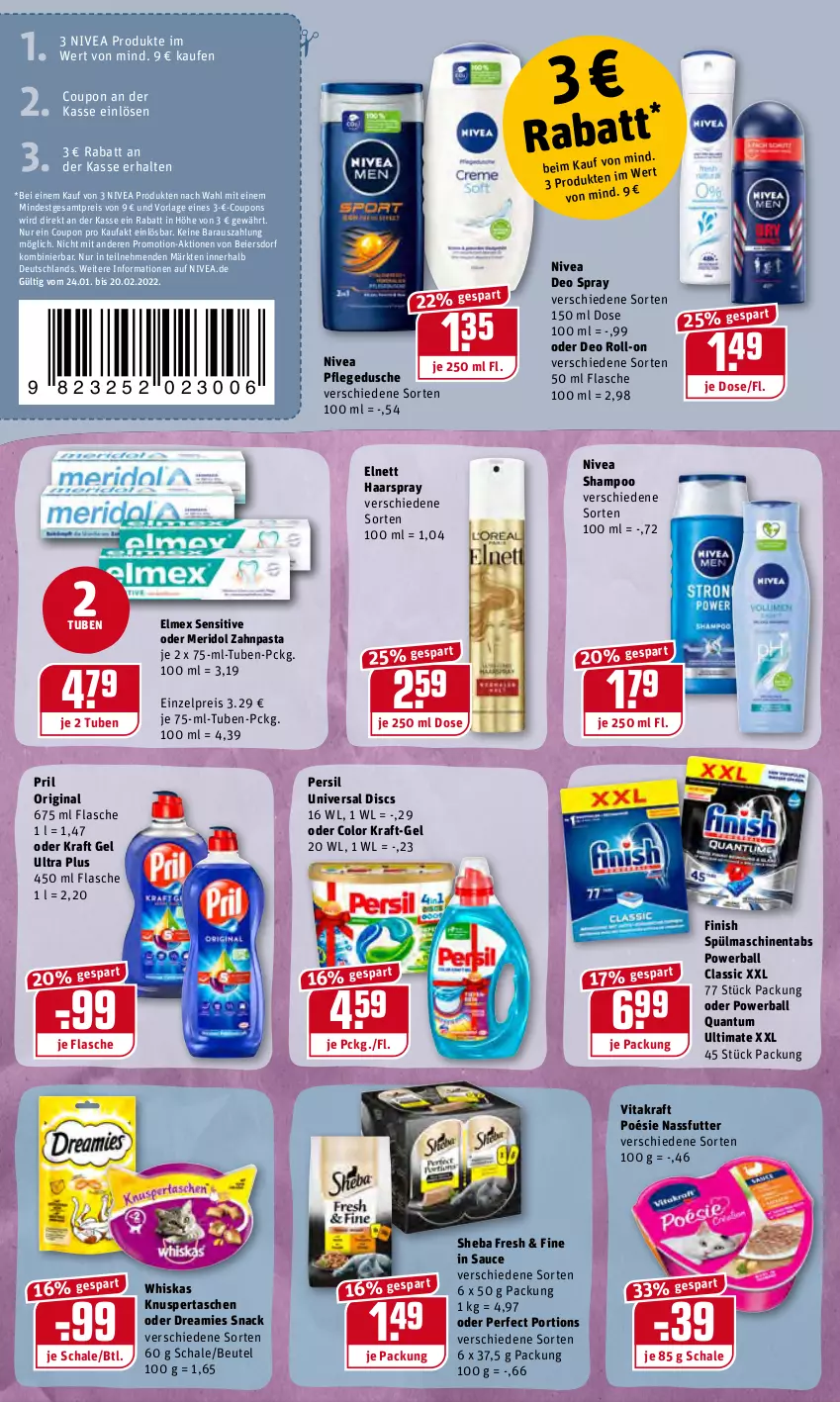 Aktueller Prospekt Rewe - Prospekte - von 24.01 bis 30.01.2022 - strona 14 - produkty: ball, beutel, coupon, coupons, deo, deo roll-on, deo spray, dreamies, dusche, eier, eis, elmex, elnett, Finish, flasche, gin, haarspray, kraft, meridol, nassfutter, nivea, oder deo roll-on, pasta, persil, pflegedusche, powerball, pril, reis, roll-on, sauce, Schal, Schale, shampoo, sheba, snack, spülmaschinen, spülmaschinentabs, Tasche, taschen, Ti, vita, vitakraft, whiskas, zahnpasta