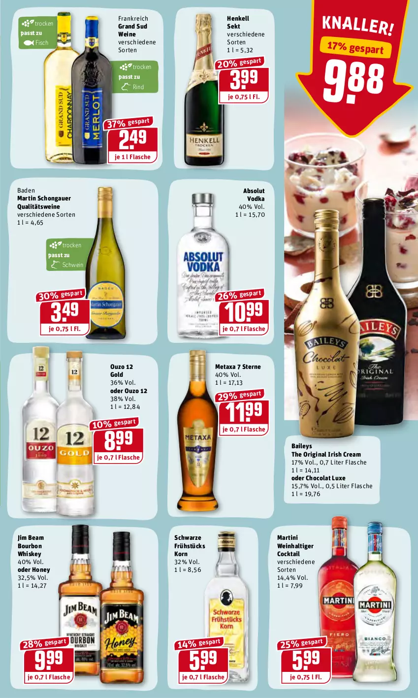 Aktueller Prospekt Rewe - Prospekte - von 24.01 bis 30.01.2022 - strona 17 - produkty: Absolut Vodka, auer, Bad, baileys, bourbon, bourbon whiskey, cocktail, cola, fisch, flasche, gin, grand sud, henkel, henkell, henkell sekt, irish cream, jim beam, korn, martini, Metaxa, ouzo, ouzo 12, qualitätswein, qualitätsweine, rind, schwein, sekt, Ti, vodka, wein, weine, whiskey