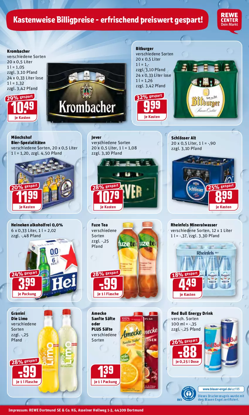 Aktueller Prospekt Rewe - Prospekte - von 24.01 bis 30.01.2022 - strona 28 - produkty: alkohol, Alwa, amecke, bier, bitburger, burger, drink, drucker, eis, energy drink, Engel, flasche, fuze tea, granini, granini die limo, heineken, jever, kerze, krombache, krombacher, limo, mineralwasser, mönchshof, red bull, reis, säfte, Spezi, Ti, wasser