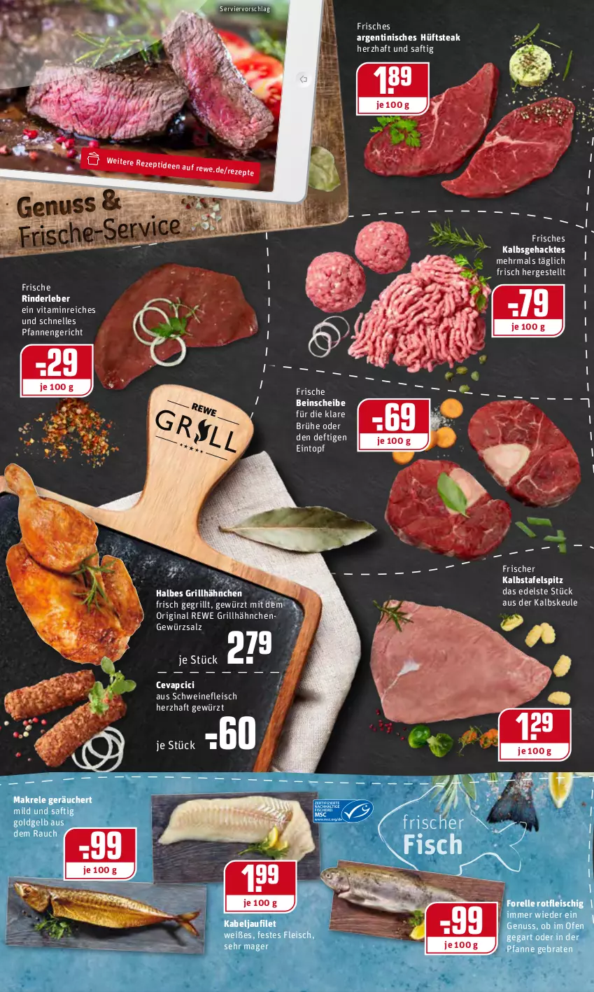 Aktueller Prospekt Rewe - Prospekte - von 24.01 bis 30.01.2022 - strona 4 - produkty: braten, Brühe, cevapcici, eintopf, eis, elle, filet, fisch, fleisch, forelle, gewürz, gewürzsalz, gin, grill, grillhähnchen, hüftsteak, kabeljaufilet, Makrele, nuss, Ofen, pfanne, pfannen, Rauch, rel, rezept, rezepte, rind, rinder, Rinderleber, saft, salz, schwein, schweine, schweinefleisch, steak, tafelspitz, Ti, topf, vita, wein, weine