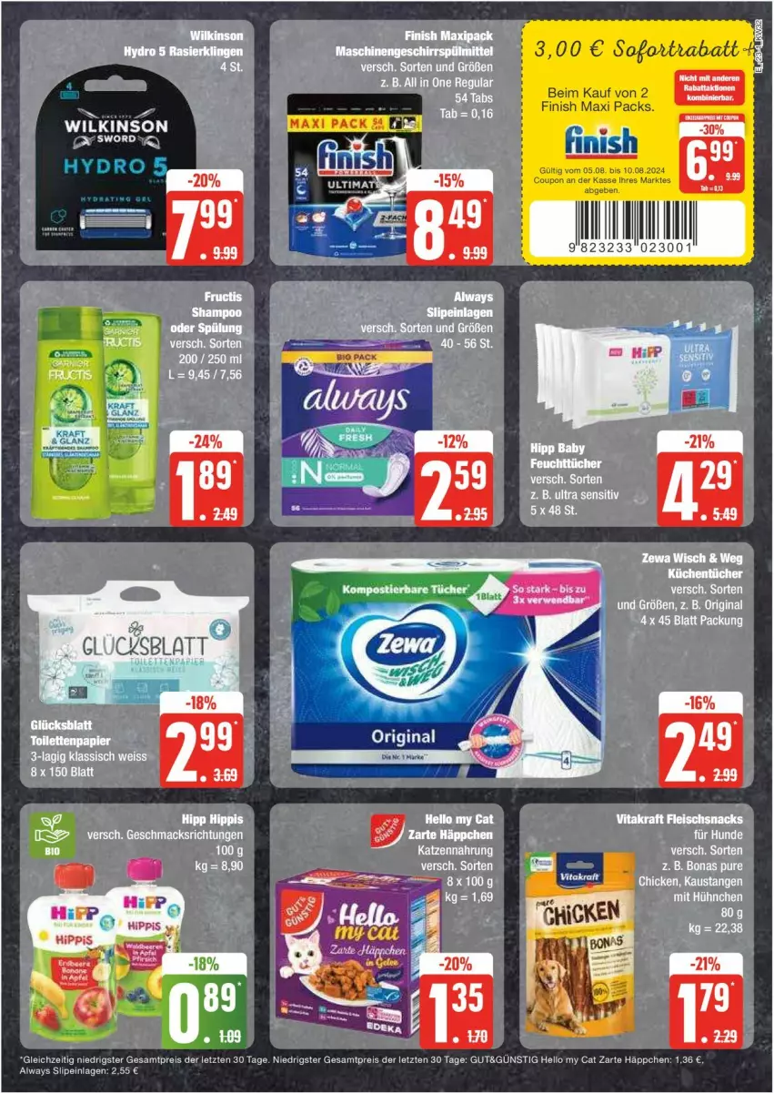 Aktueller Prospekt Edeka - Prospekte - von 05.08 bis 10.08.2024 - strona 23 - produkty: Alwa, Always, aust, Bona, coupon, eis, ente, Finish, gin, katzennahrung, küche, Küchen, küchentücher, mac, reis, slip, slipeinlagen, sofortrabatt, Ti, tücher, wilkinson, ZTE