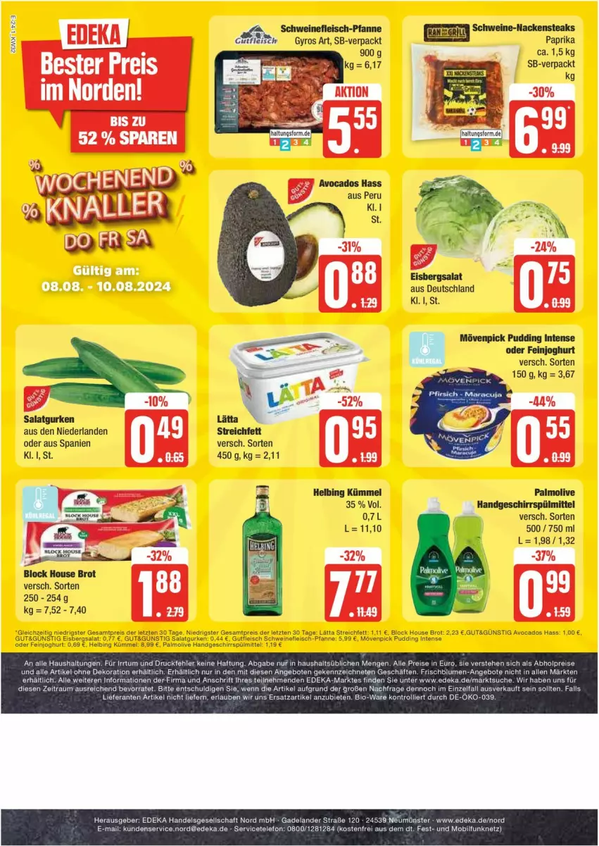 Aktueller Prospekt Edeka - Prospekte - von 05.08 bis 10.08.2024 - strona 24 - produkty: avocado, brot, eis, eisbergsalat, feinjoghurt, fleisch, geschirr, geschirrspülmittel, gurke, gurken, gyros, joghur, joghurt, lätta, mövenpick, olive, palmolive, pfanne, pudding, reis, salat, Salatgurke, salatgurken, schwein, schweine, schweinefleisch, Schweinefleisch-Pfanne, spülmittel, Ti, wein, weine, ZTE