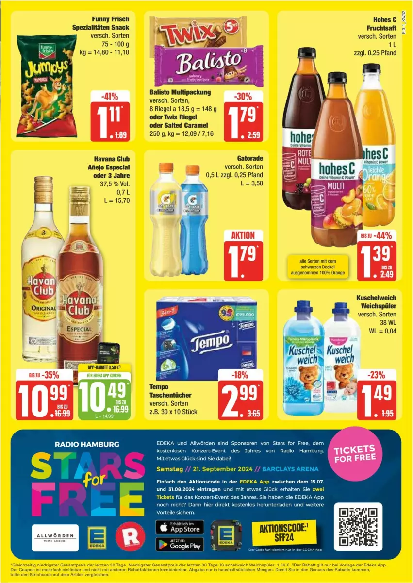 Aktueller Prospekt Edeka - Prospekte - von 05.08 bis 10.08.2024 - strona 3 - produkty: balisto, caramel, decke, Deckel, deka, frucht, fruchtsaft, Funny Frisch, Havana Club, Hohes C, Kuschelweich, oder twix, orange, Radio, riegel, saft, snack, Spezi, Tasche, taschen, taschentücher, Tempo, Ti, tücher, twix, weichspüler