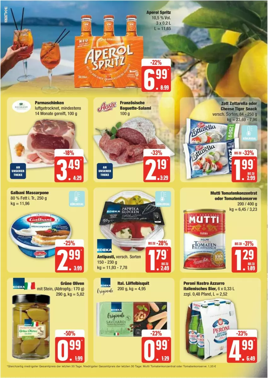 Aktueller Prospekt Edeka - Prospekte - von 05.08 bis 10.08.2024 - strona 4 - produkty: antipasti, asti, baguette, Baguette-Salami, bier, eis, galbani, gin, grüne oliven, Löffel, mascarpone, Mutti, olive, oliven, parmaschinken, Peroni, reis, salami, schinken, Ti, tomate, tomaten, ZTE