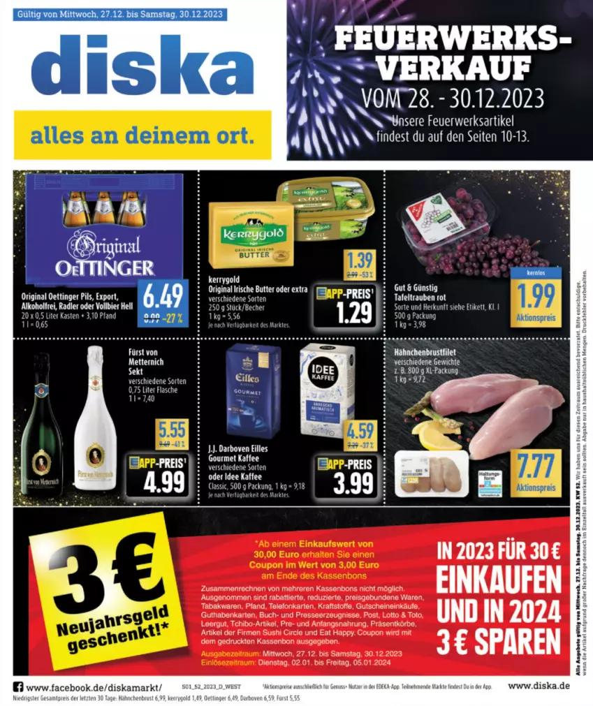 Aktueller Prospekt Diska - Prospekte - von 27.12 bis 30.12.2023 - strona 1 - produkty: alkohol, angebot, angebote, Becher, bier, buch, darbo, darboven, eis, elle, flasche, guthabenkarte, gutschein, gutscheine, hähnchenbrust, kaffee, kraft, radler, reis, rwe, sesam, tafeltrauben, Tchibo, tee, telefon, Ti, trauben, Yo, ZTE