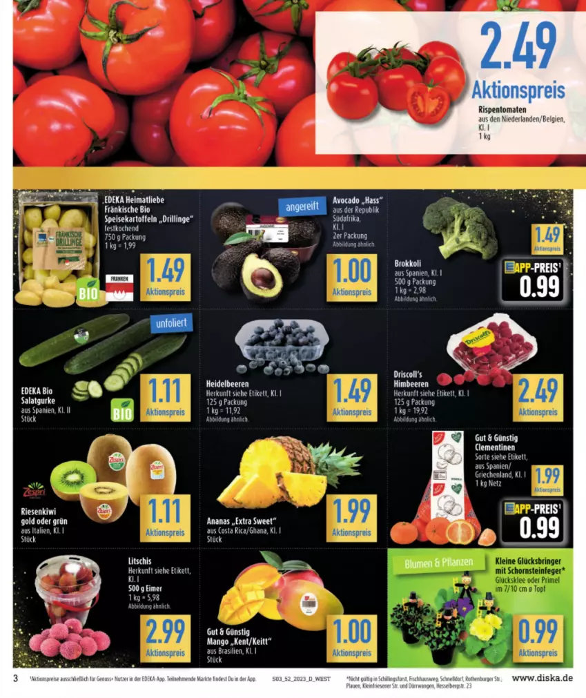 Aktueller Prospekt Diska - Prospekte - von 27.12 bis 30.12.2023 - strona 3 - produkty: Abtei, ananas, avocado, beere, beeren, bio, brokkoli, burger, deka, edeka bio, eimer, eis, fisch, heidelbeere, heidelbeeren, himbeer, himbeere, himbeeren, kartoffel, kartoffeln, kiwi, Kiwi Gold, LG, mango, nuss, reis, rispentomaten, speisekartoffeln, Ti, tomate, tomaten