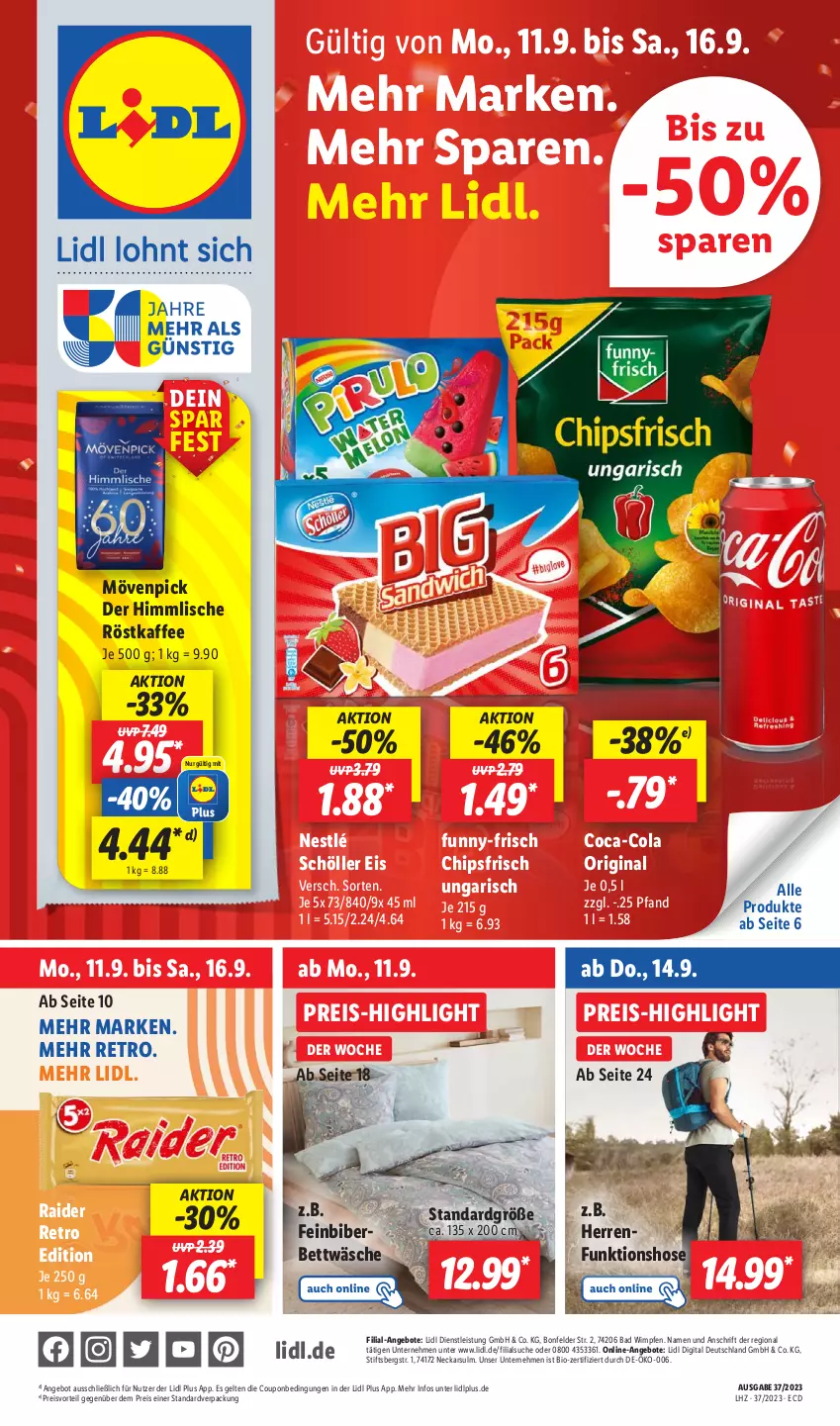 Aktueller Prospekt Lidl - Aktionsprospekt - von 11.09 bis 16.09.2023 - strona 1 - produkty: angebot, angebote, Bad, bett, bettwäsche, bio, chips, chipsfrisch, coca-cola, cola, coupon, eis, funny-frisch, gin, hose, kaffee, mövenpick, nestlé, nestlé schöller, preisvorteil, reis, röstkaffee, Schöller, Ti