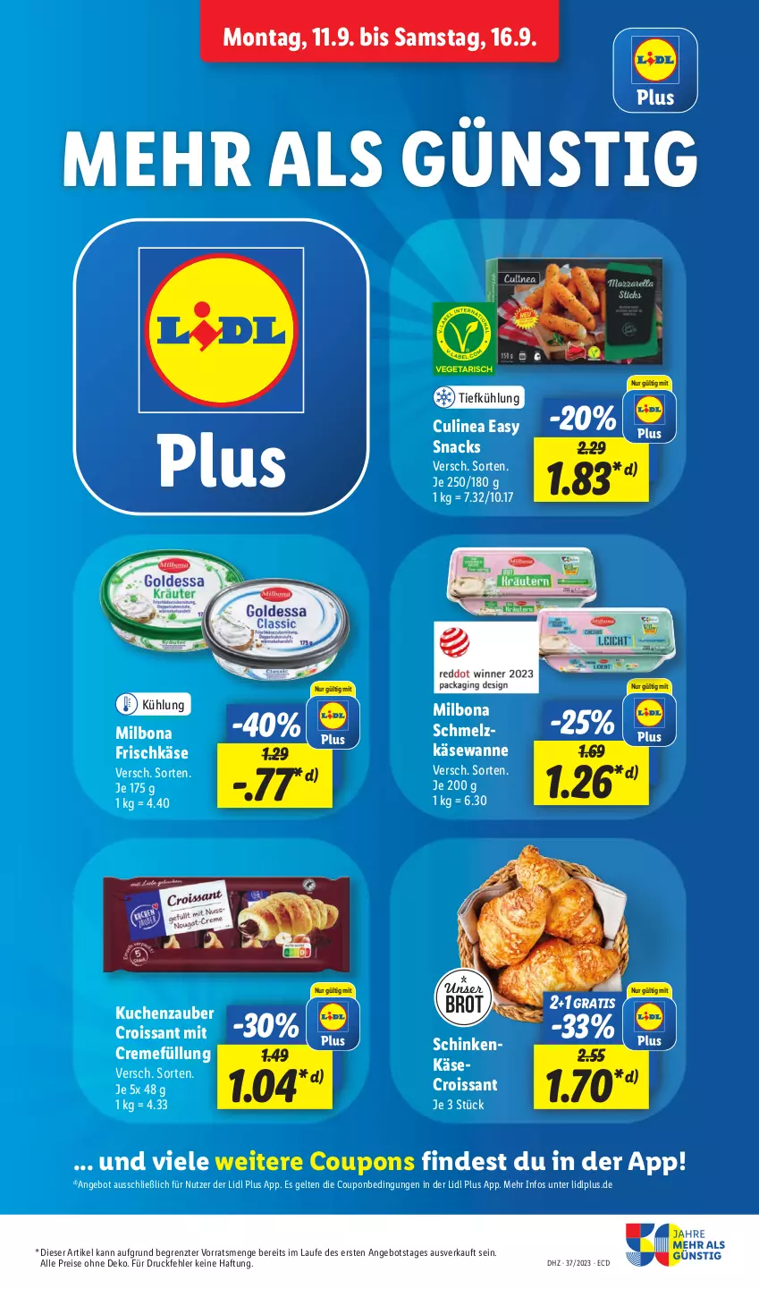 Aktueller Prospekt Lidl - Aktionsprospekt - von 11.09 bis 16.09.2023 - strona 15 - produkty: angebot, Bona, brot, coupon, coupons, creme, Croissant, eis, frischkäse, Käse, kuchen, Milbona, reis, schinken, Schmelzkäse, snack, snacks, Ti, Wanne, ZTE