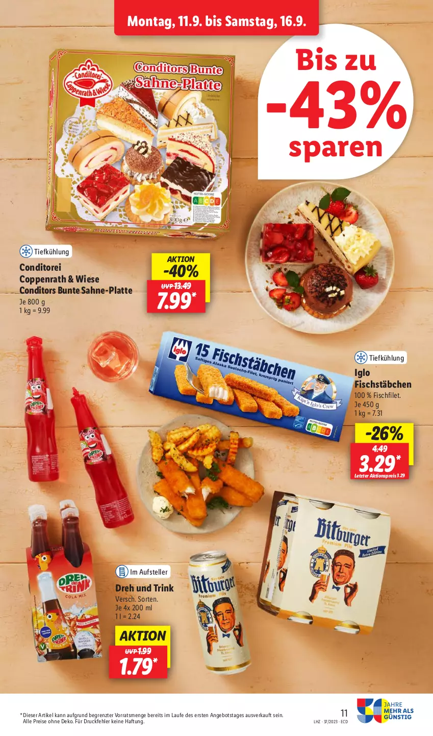 Aktueller Prospekt Lidl - Aktionsprospekt - von 11.09 bis 16.09.2023 - strona 17 - produkty: aktionspreis, angebot, coppenrath, eis, elle, filet, fisch, fischstäbchen, iglo, latte, reis, sahne, teller, Ti, ZTE