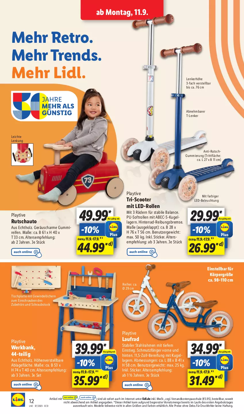 Aktueller Prospekt Lidl - Aktionsprospekt - von 11.09 bis 16.09.2023 - strona 18 - produkty: angebot, auto, Bank, beleuchtung, dell, eis, elle, Holz, HP, Kugel, latte, Laufrad, led-beleuchtung, Mode, ndk, reifen, reis, Schal, Schale, schrauben, scooter, Ti, tisch, tischplatte, ZTE