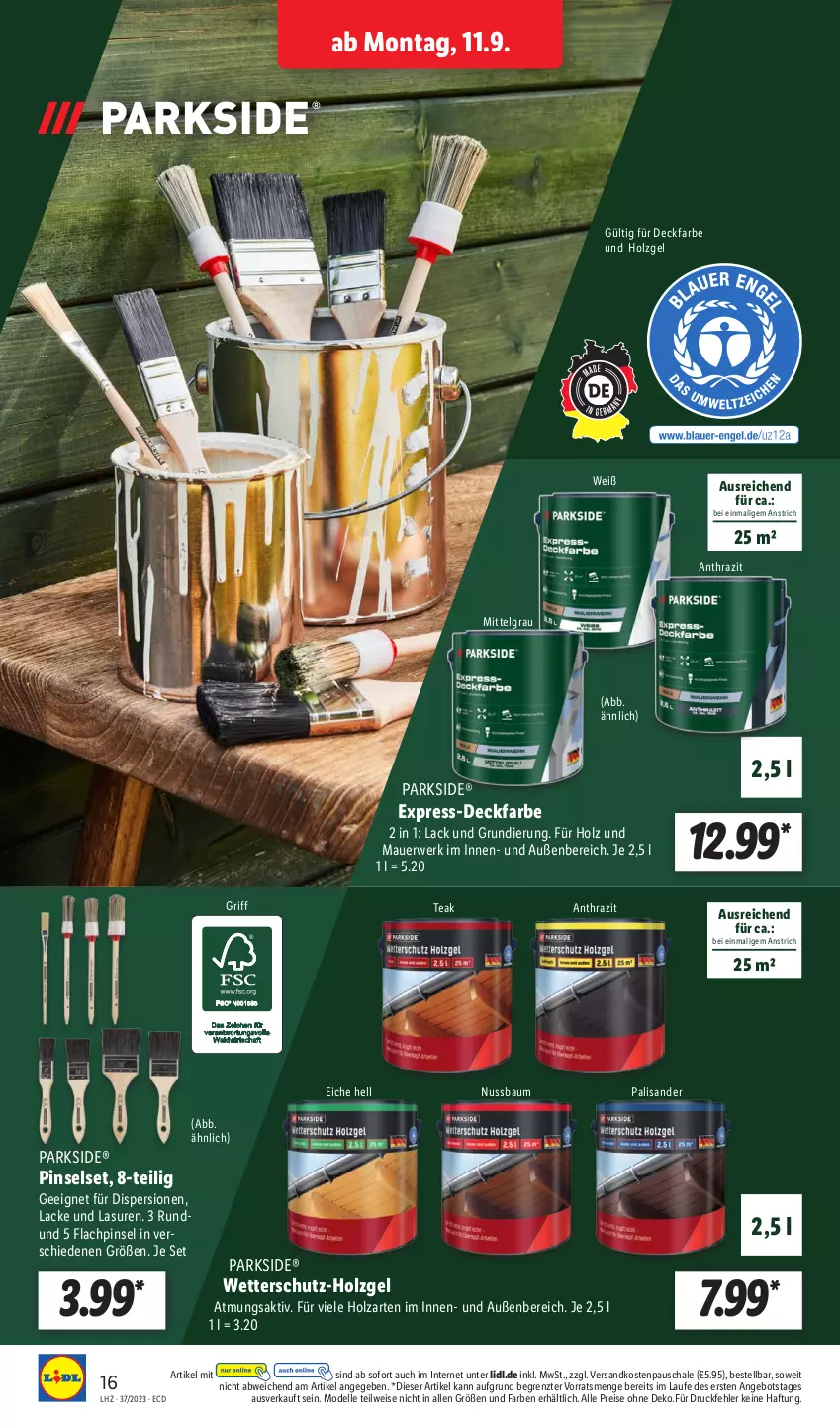 Aktueller Prospekt Lidl - Aktionsprospekt - von 11.09 bis 16.09.2023 - strona 24 - produkty: angebot, auer, Bau, dell, eis, elle, Holz, HP, lack, Lacke, LG, Mode, ndk, nuss, Parkside, Pinsel, Pinselset, reis, rwe, Schal, Schale, Ti, ZTE