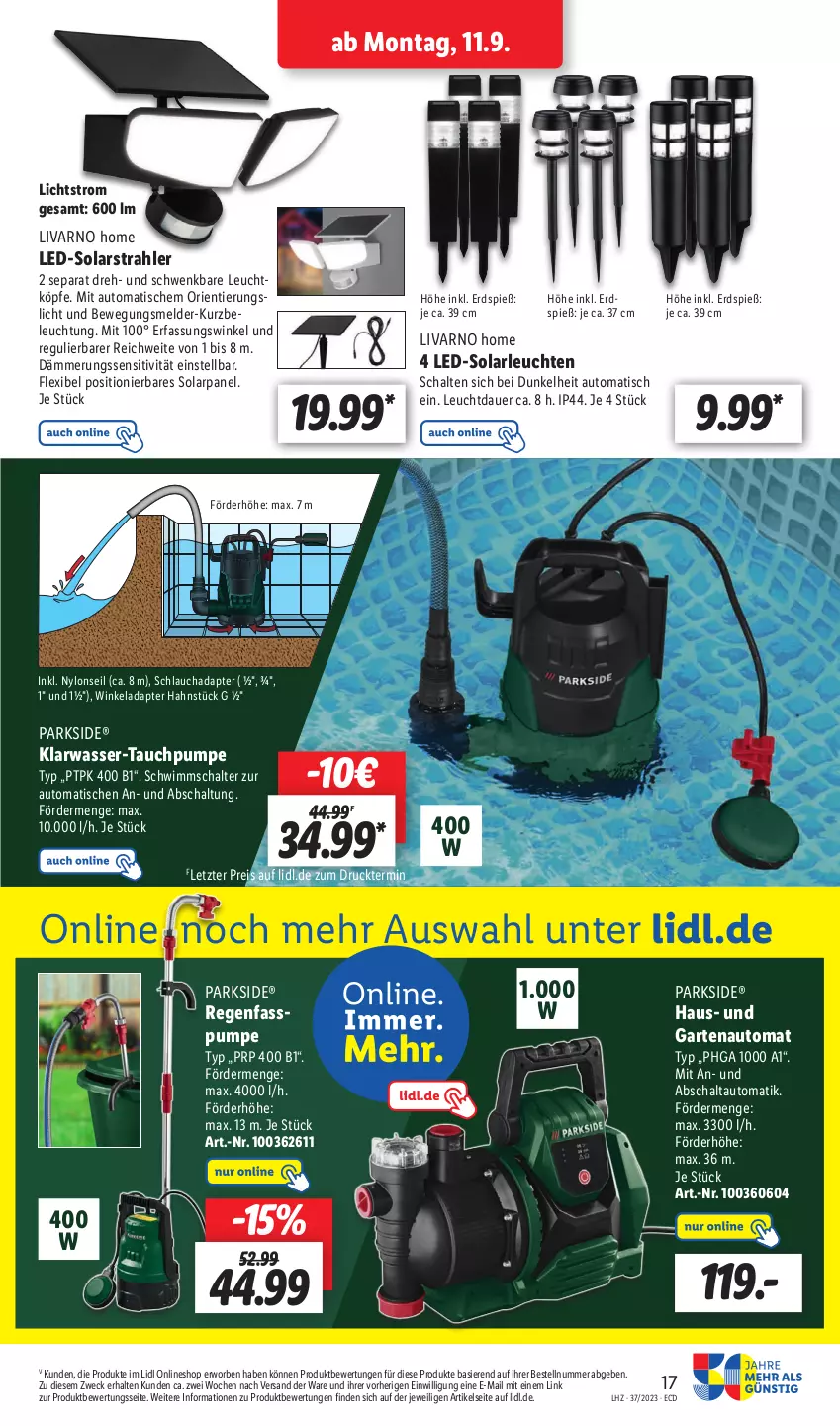 Aktueller Prospekt Lidl - Aktionsprospekt - von 11.09 bis 16.09.2023 - strona 25 - produkty: adapter, auer, auto, beleuchtung, eis, Garten, gsw, HP, led-solarleuchte, Leuchte, leuchten, Parkside, reis, Schal, schlauch, solarleuchte, Ti, tisch, wasser, weck, ZTE