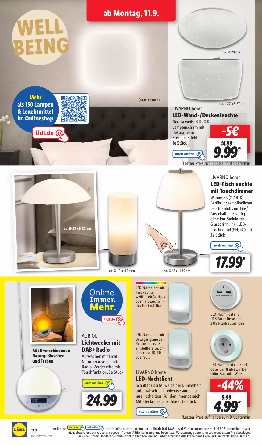 Aktueller Prospekt Lidl - Aktionsprospekt - von 11.09 bis 16.09.2023 - strona 32 - produkty: angebot, auer, auto, decke, deckenleuchte, dell, dimmer, eis, elle, Lampe, Lampenschirm, led-tischleuchte, Leuchte, leuchten, leuchtmittel, Lichtwecker, Mode, Nachtlicht, natur, ndk, Radio, reis, Schal, Schale, steckdose, Ti, tisch, tischleuchte, usb, weck, ZTE