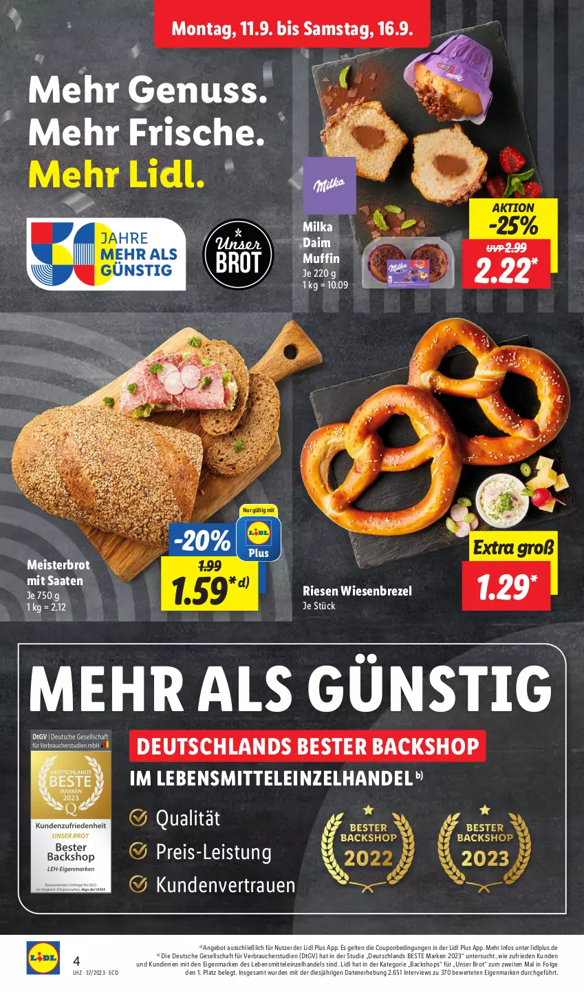 Aktueller Prospekt Lidl - Aktionsprospekt - von 11.09 bis 16.09.2023 - strona 4 - produkty: angebot, brezel, brot, coupon, daim, eis, lebensmittel, LG, Meister, milka, Muffin, nuss, Rauch, reis, Ti