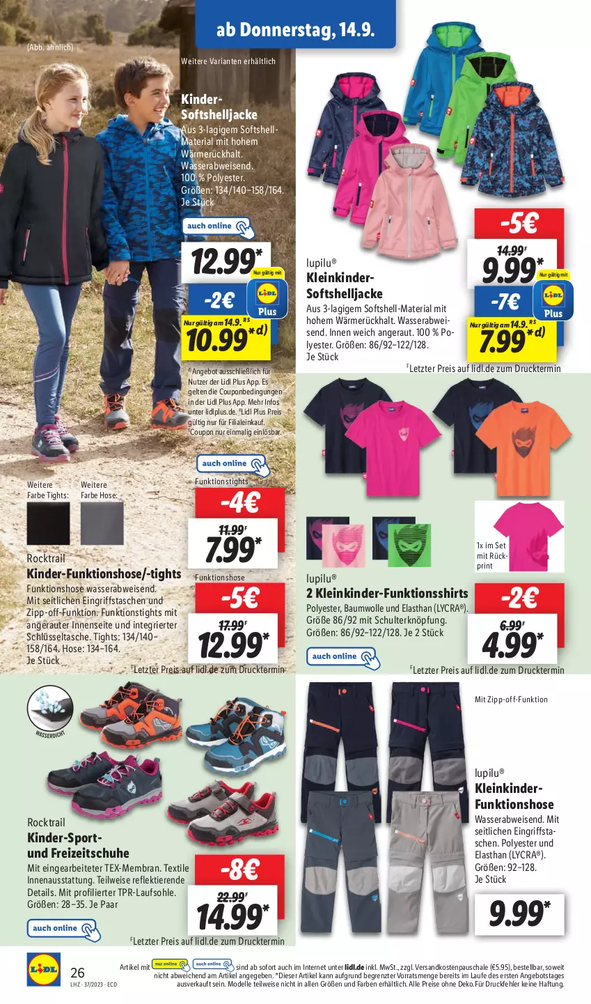 Aktueller Prospekt Lidl - Aktionsprospekt - von 11.09 bis 16.09.2023 - strona 40 - produkty: angebot, Bau, baumwolle, coupon, dell, eis, elle, Freizeitschuhe, funktionsshirt, hose, Jacke, Kinder, lupilu, Mode, ndk, reis, Ria, Schal, Schale, schuhe, shirt, shirts, Sport, Tasche, taschen, Ti, Tiere, wasser, wein, wolle, ZTE