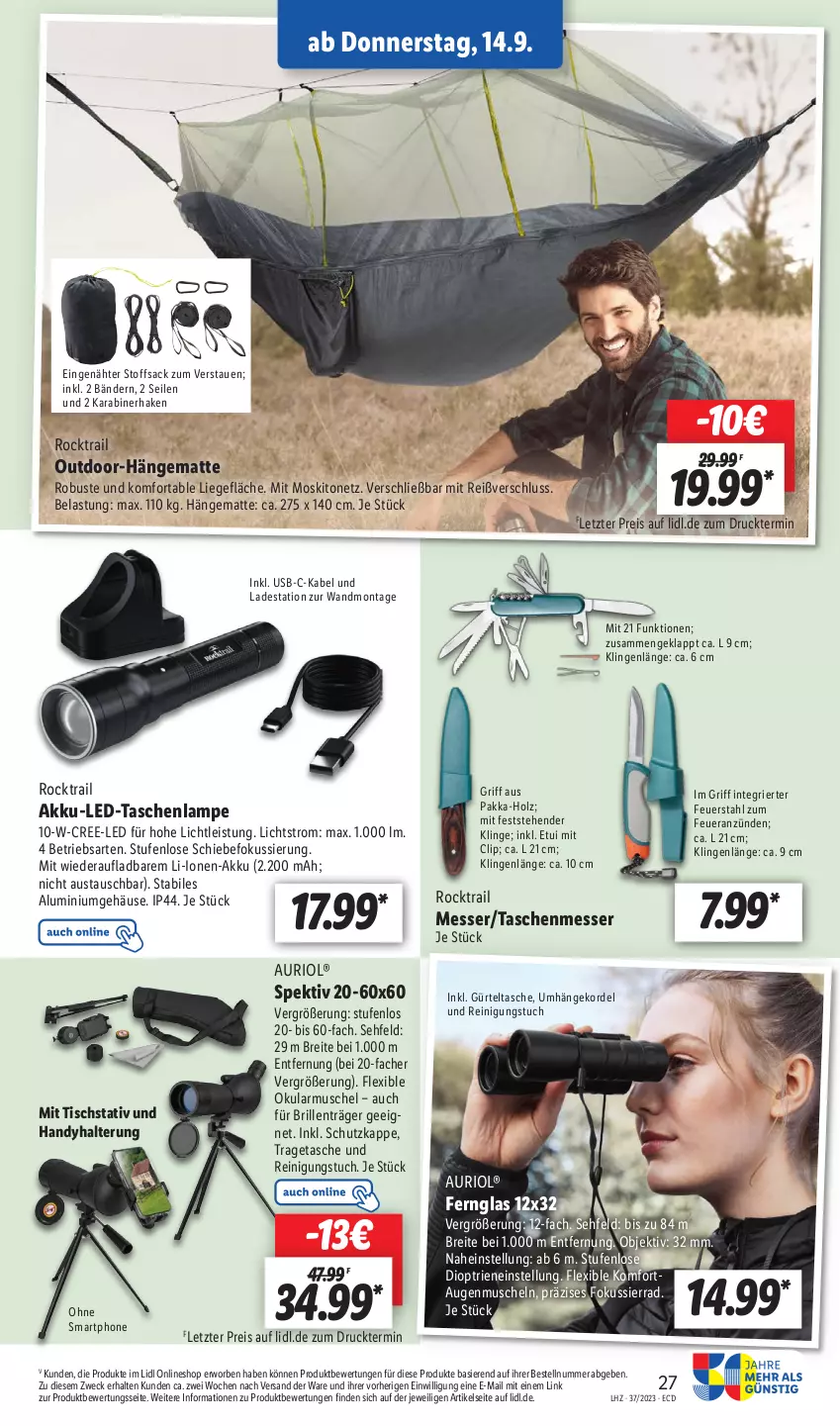 Aktueller Prospekt Lidl - Aktionsprospekt - von 11.09 bis 16.09.2023 - strona 41 - produkty: akku, aust, Brei, Brille, eis, Fernglas, gürteltasche, Handy, hängematte, Holz, Lampe, Liege, messer, moskitonetz, Muscheln, Reinigung, reis, sac, Sierra, smartphone, Tasche, taschen, taschenlampe, Ti, tisch, tragetasche, tuc, usb, weck, ZTE