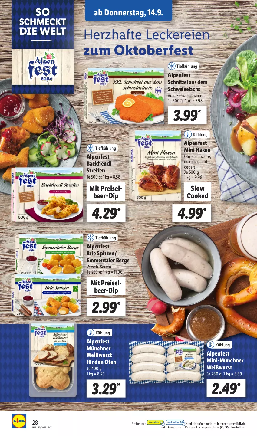 Aktueller Prospekt Lidl - Aktionsprospekt - von 11.09 bis 16.09.2023 - strona 44 - produkty: axe, Backhendl, brie, dip, eis, emmentaler, Haxe, Hendl, lachs, ndk, Ofen, reifen, reis, Schal, Schale, schnitzel, schwein, schweine, Schweinelachs, Ti, wein, weine, Weißwurst, wurst