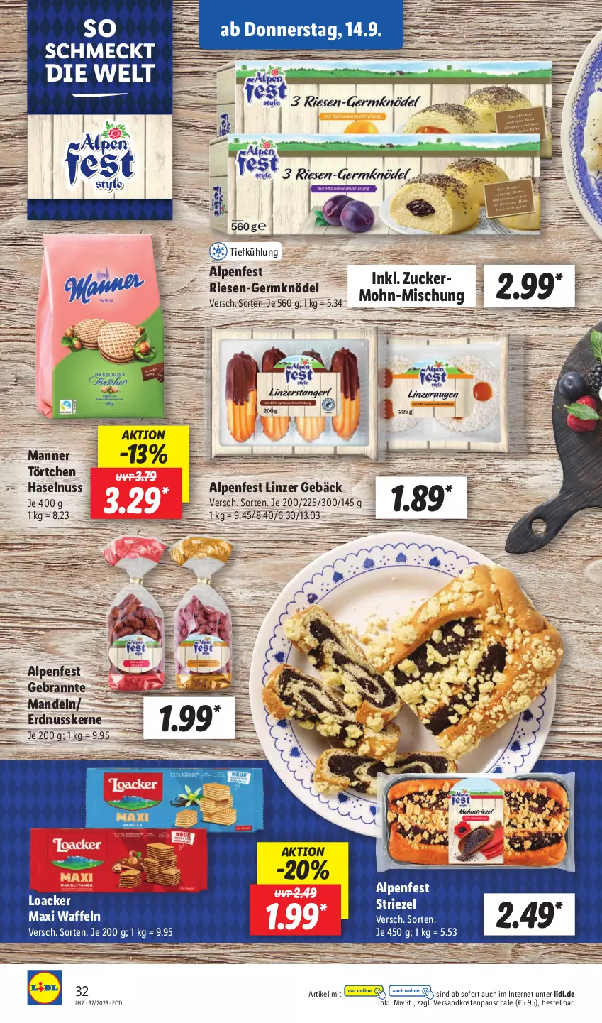 Aktueller Prospekt Lidl - Aktionsprospekt - von 11.09 bis 16.09.2023 - strona 48 - produkty: erdnuss, Germ, haselnuss, Knödel, mandel, mandeln, Manner, ndk, nuss, Schal, Schale, Ti, Törtchen, waffeln, zucker