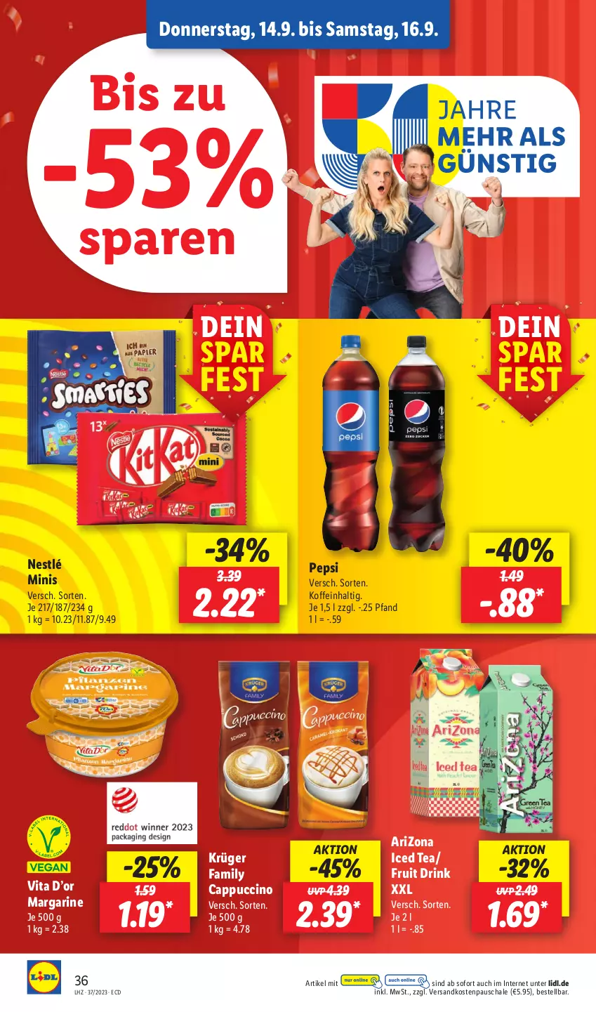 Aktueller Prospekt Lidl - Aktionsprospekt - von 11.09 bis 16.09.2023 - strona 52 - produkty: Cap, cappuccino, cin, drink, krüger, margarine, ndk, nestlé, pepsi, Schal, Schale, Ti, vita